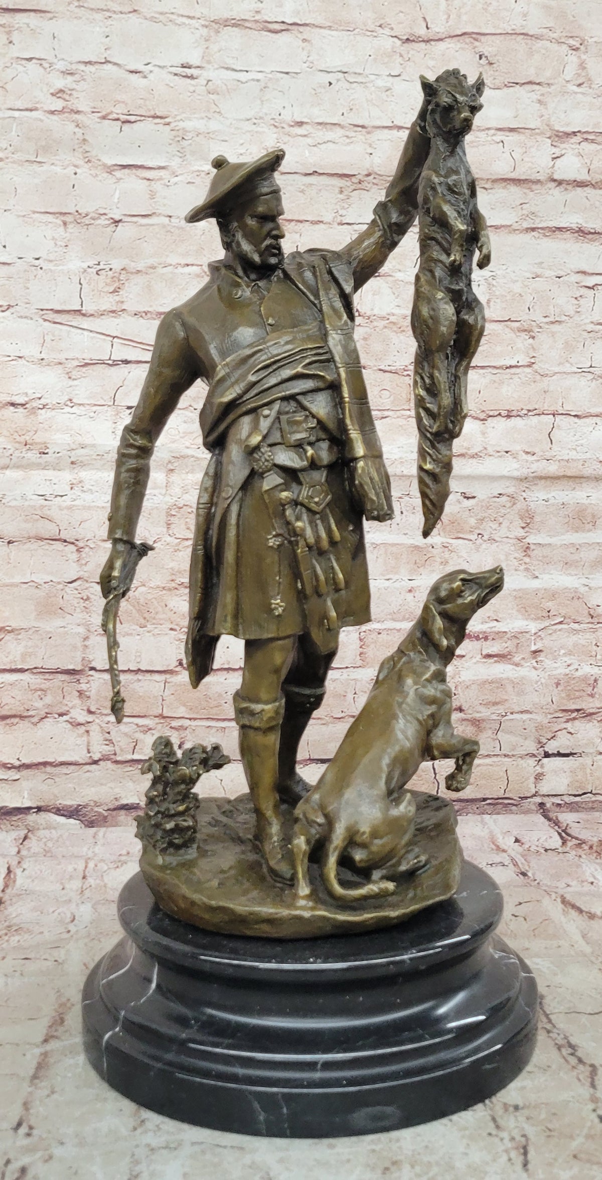 Bronze figure of Scottish hunter and hound with the kill Vitaleh Hot Cast Art Deco