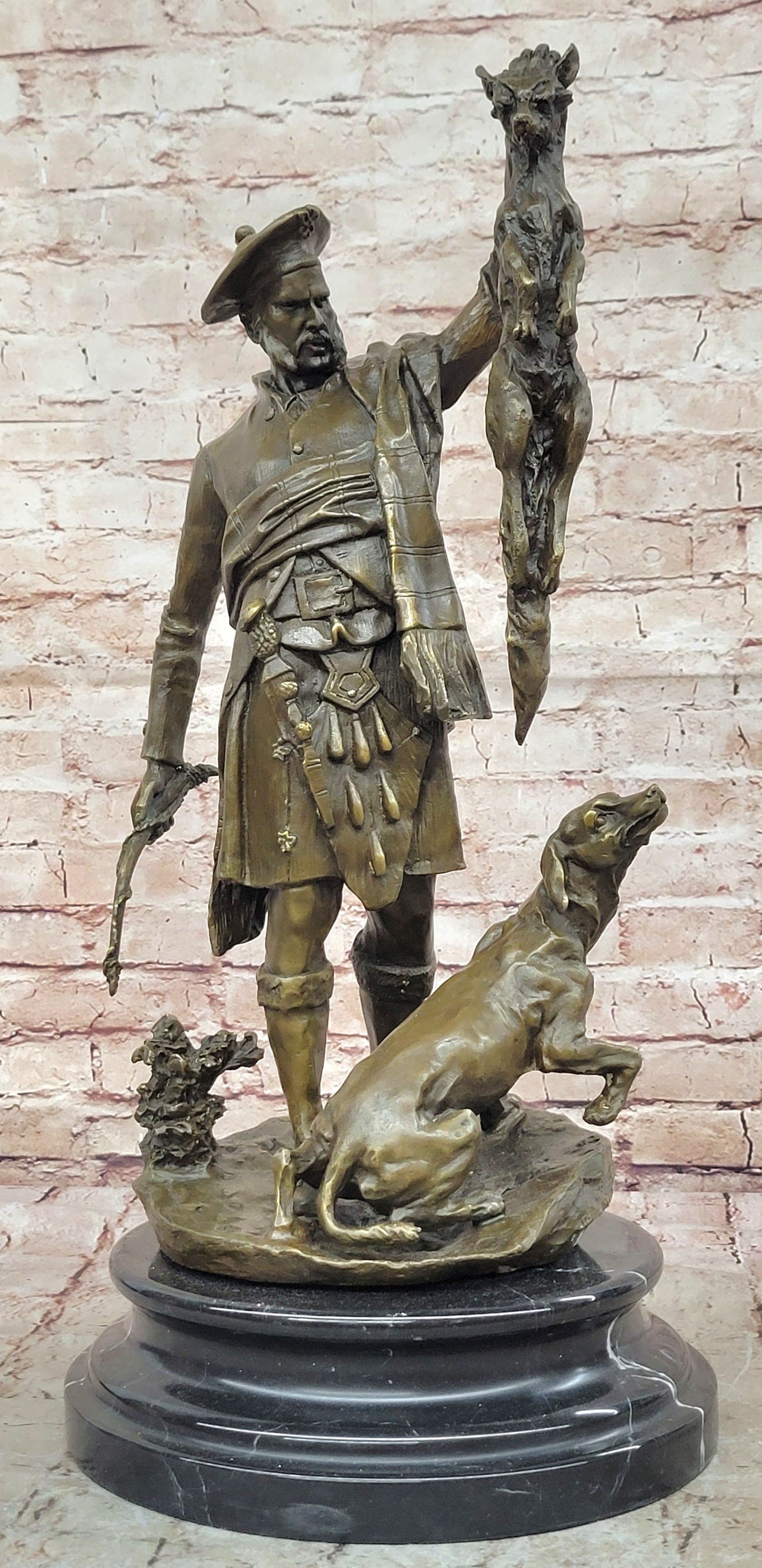 Bronze figure of Scottish hunter and hound with the kill Vitaleh Hot Cast Art Deco