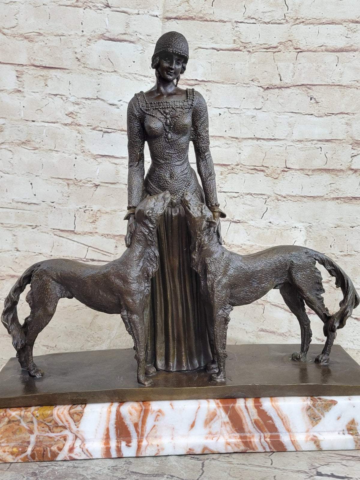 Handcrafted Bronze Art Deco Friends Forever Lady with Dogs Statue Chiparus