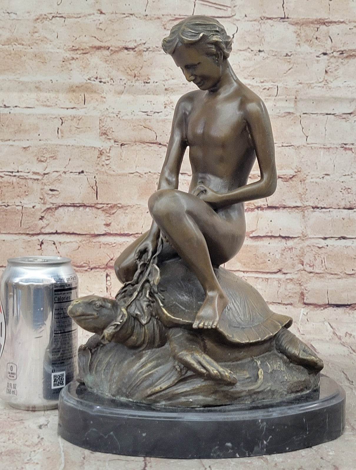 Handcrafted Collectible Nude Boy with Turtle Bronze Sculpture Marble Figurine