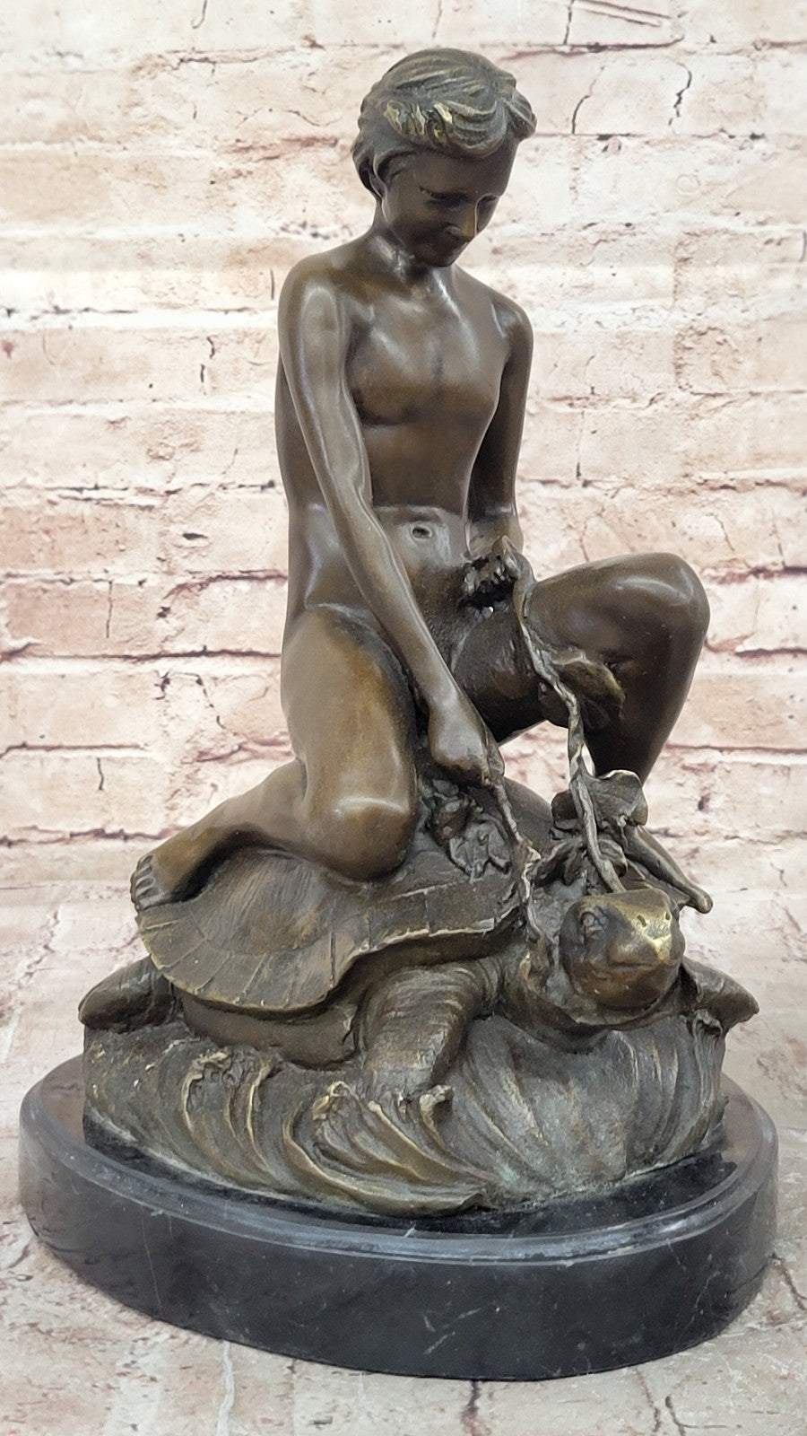 Handcrafted Collectible Nude Boy with Turtle Bronze Sculpture Marble Figurine