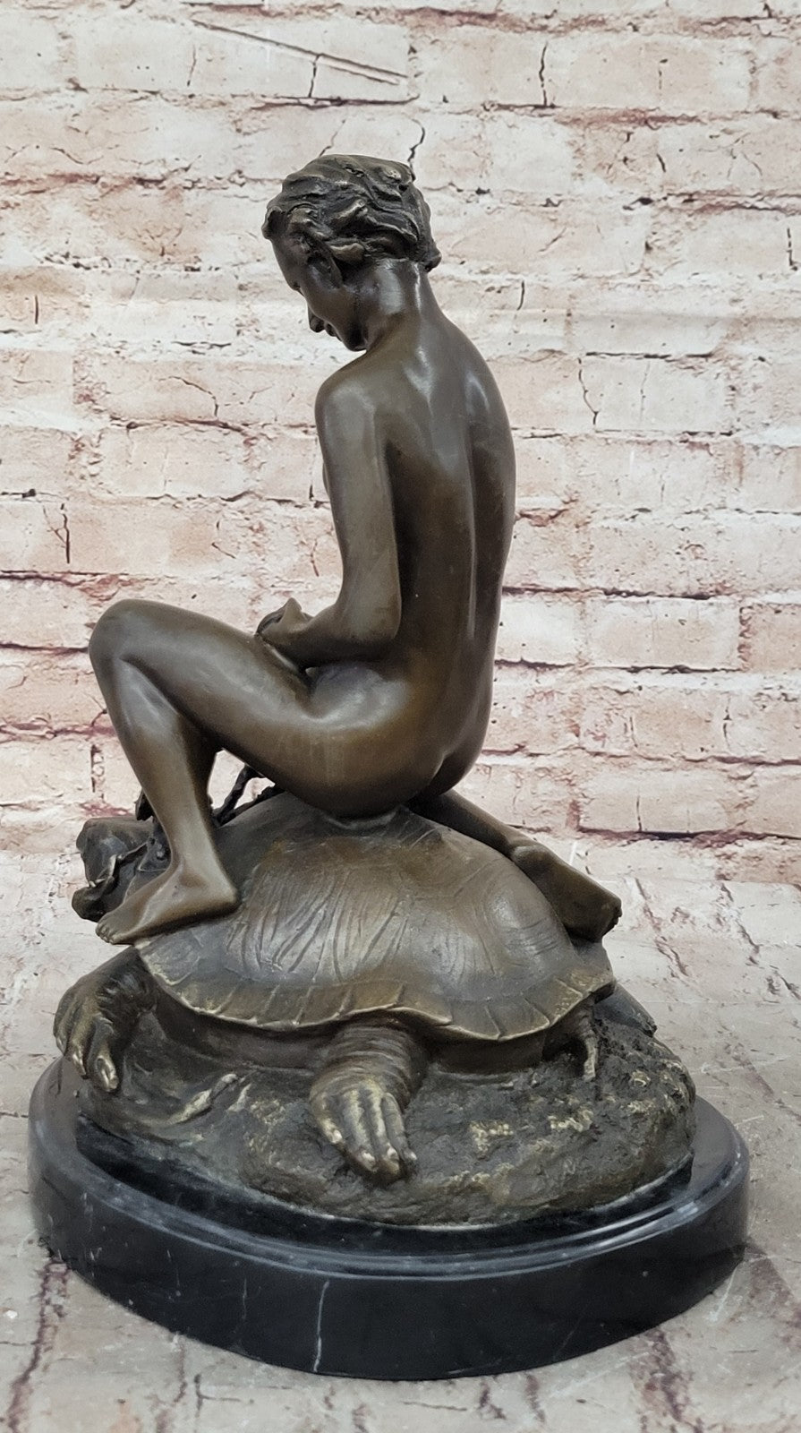 Handcrafted Collectible Nude Boy with Turtle Bronze Sculpture Marble Figurine