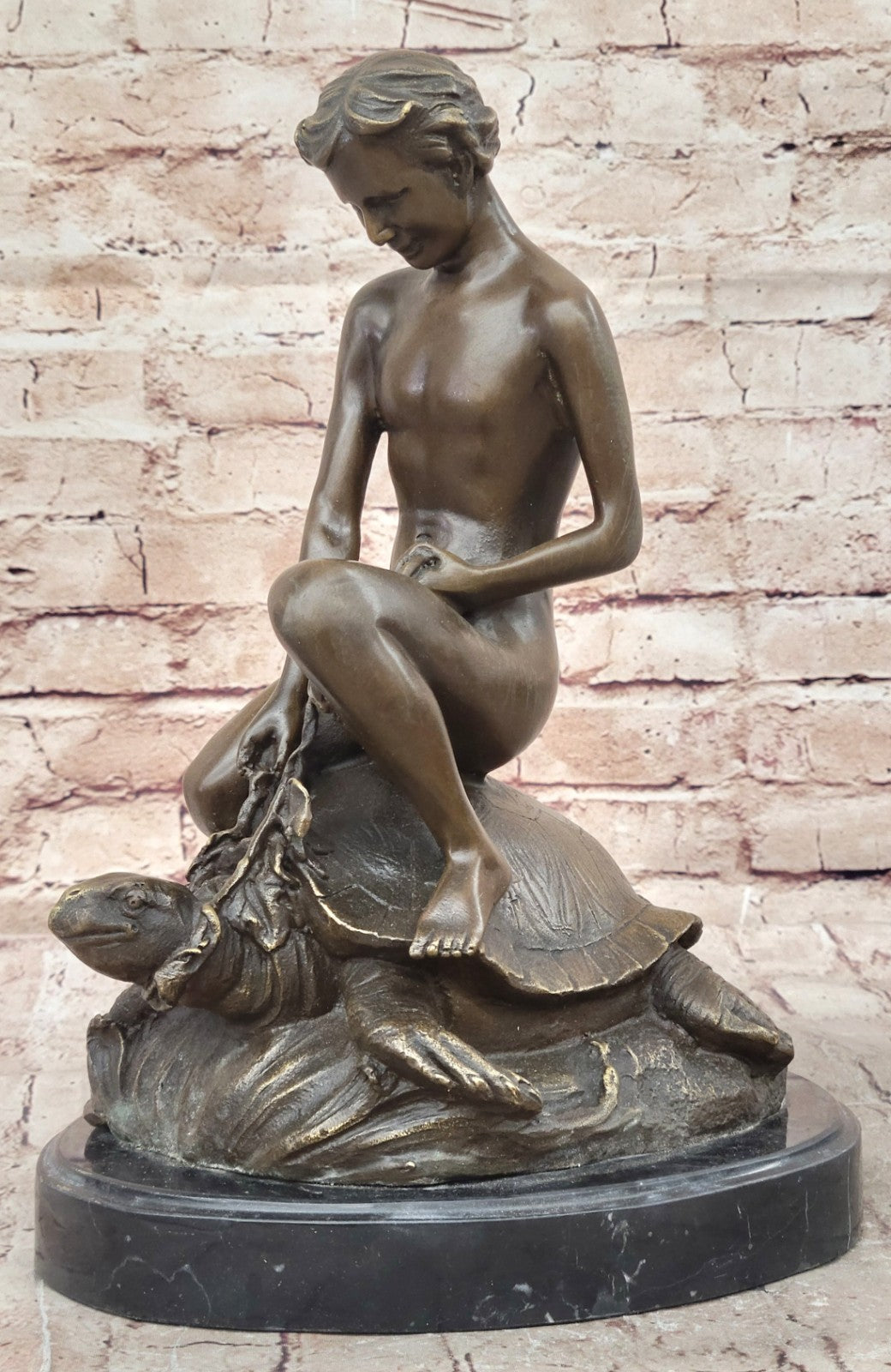 Handcrafted Collectible Nude Boy with Turtle Bronze Sculpture Marble Figurine