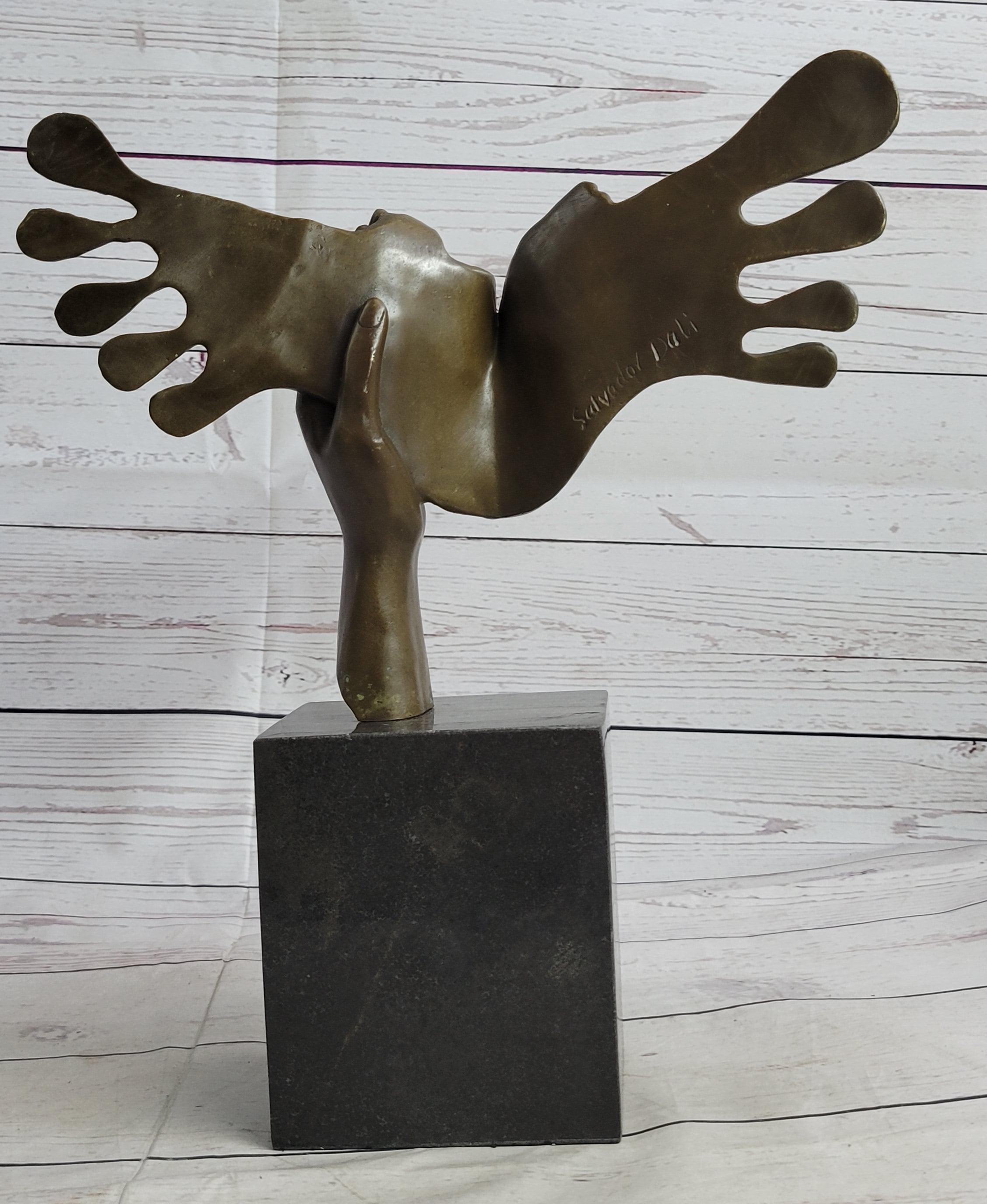 Salvador Dali Double Hands Handcrafted Bronze Sculpture Marble Base Figurine Art