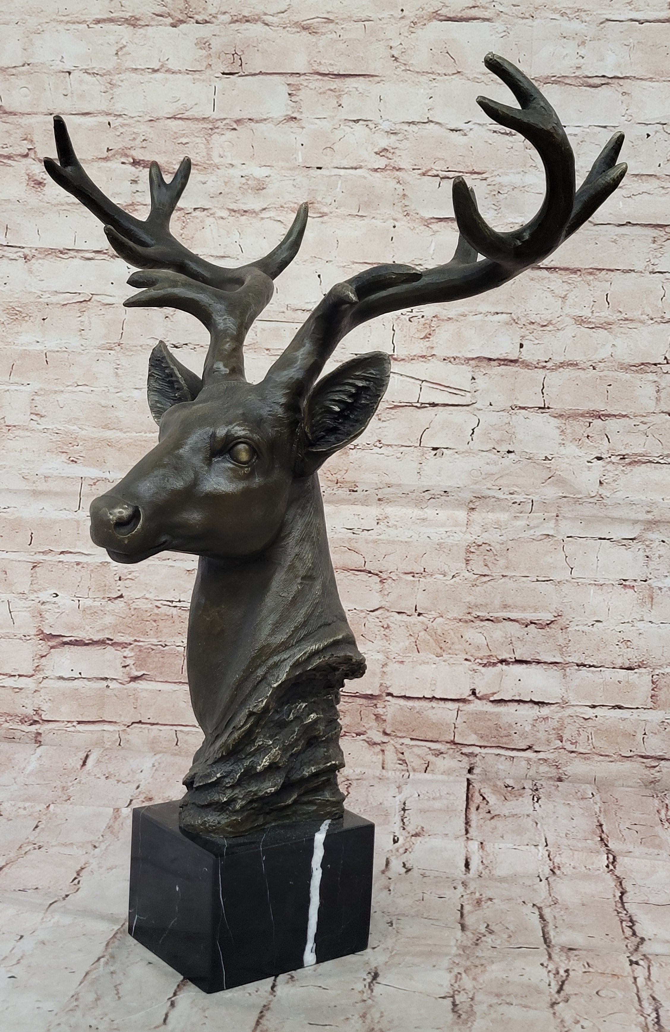 Chalet Lodge Art Elk Stag Buck Deer Hunter Bronze Marble Base Lodge Sculpture