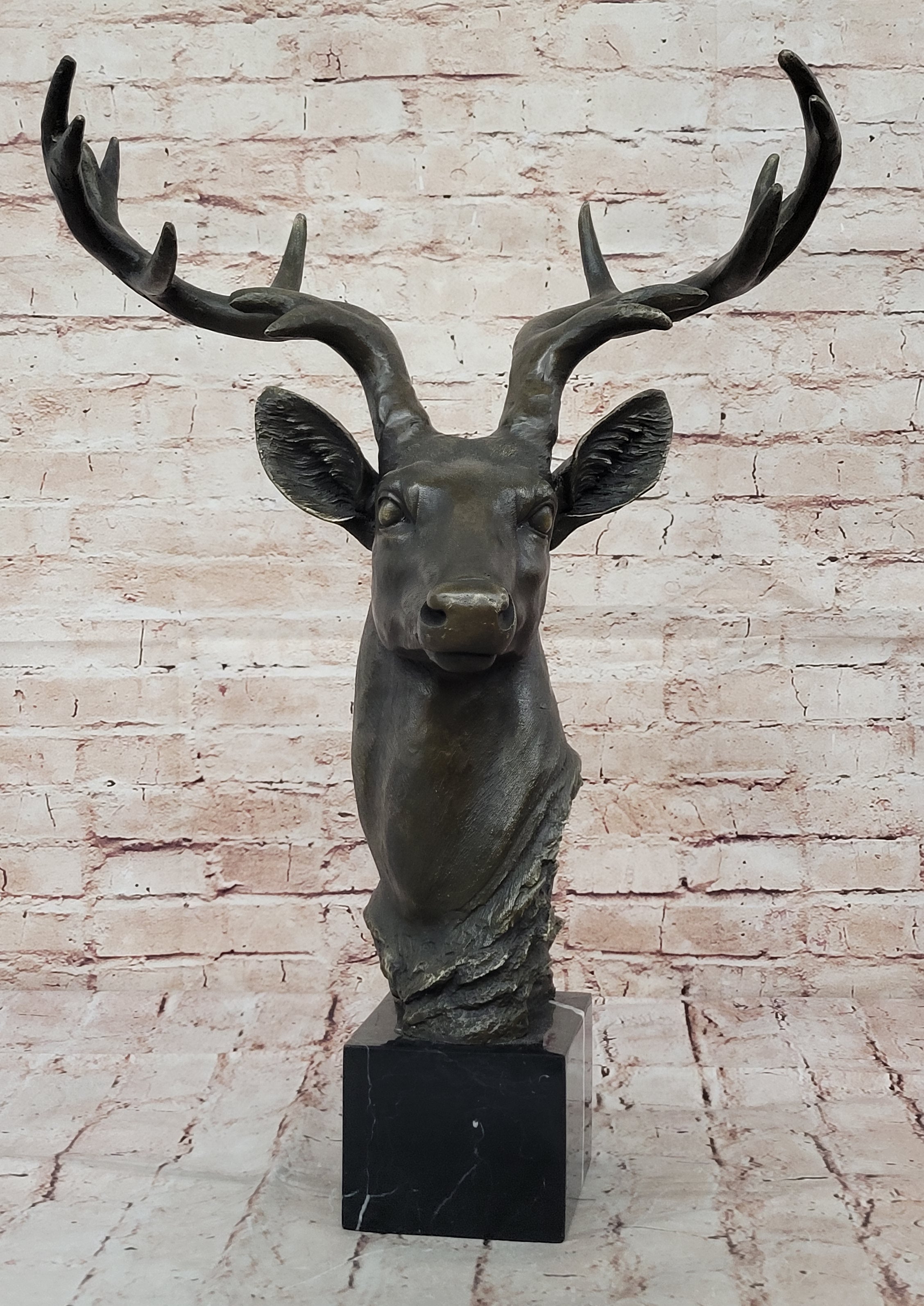 Chalet Lodge Art Elk Stag Buck Deer Hunter Bronze Marble Base Lodge Sculpture