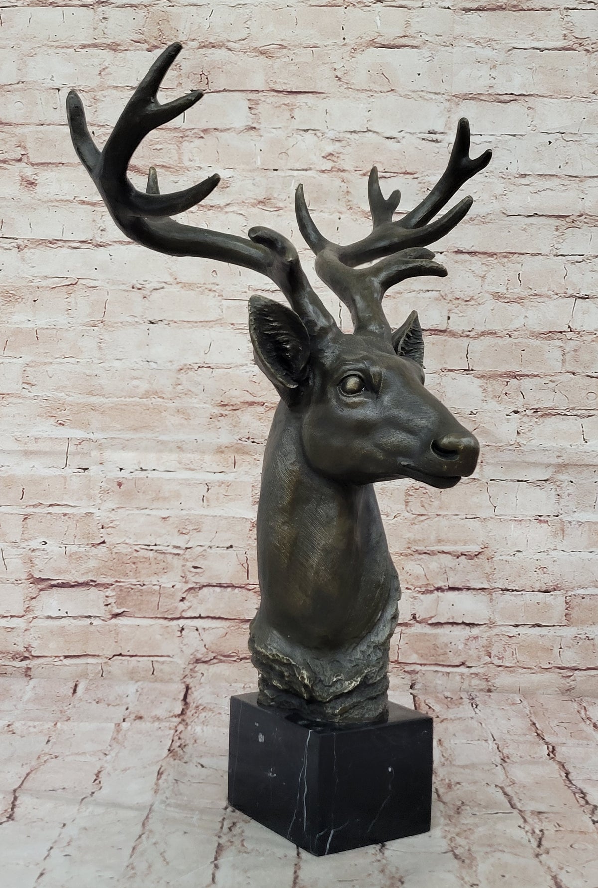 Chalet Lodge Art Elk Stag Buck Deer Hunter Bronze Marble Base Lodge Sculpture