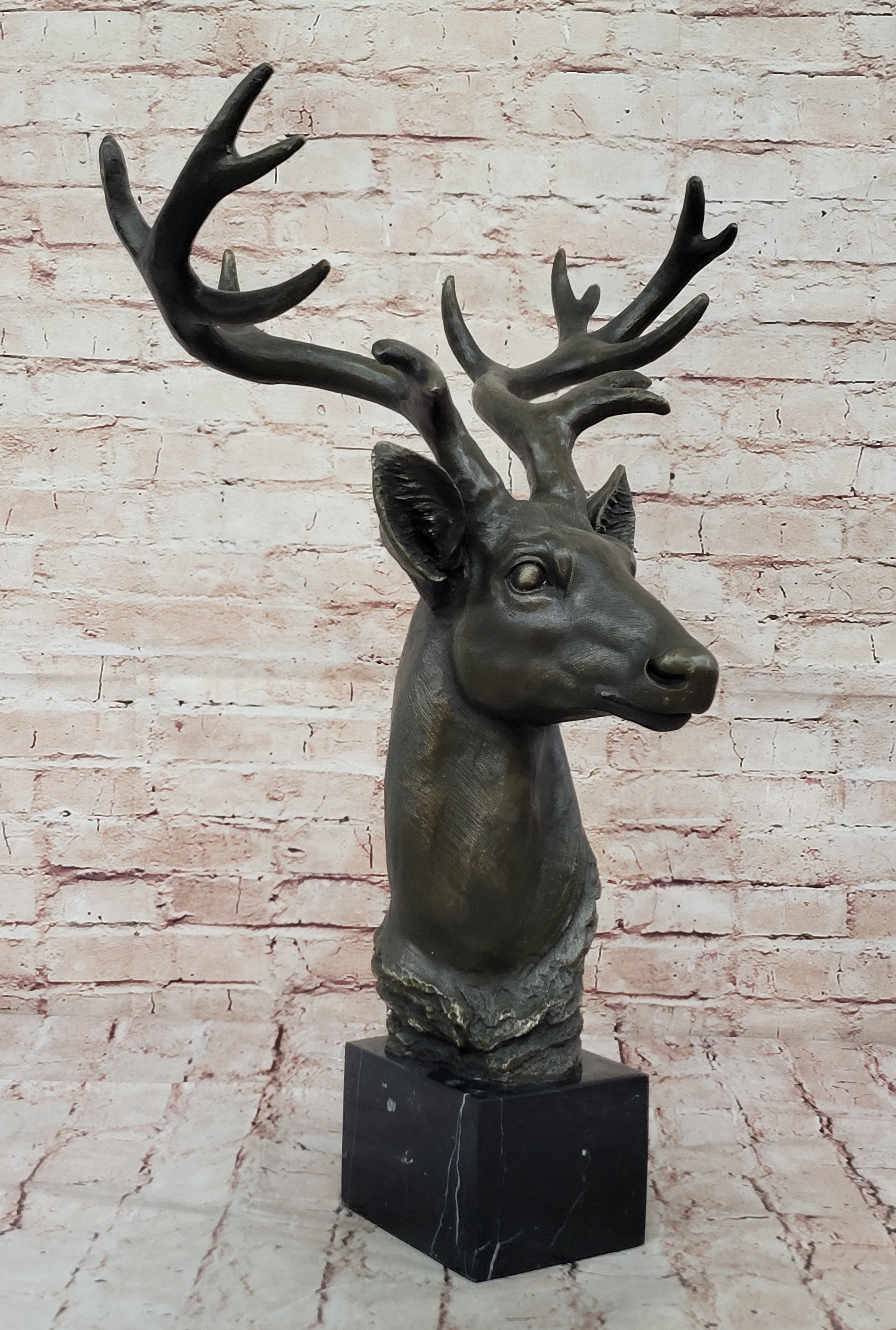 Chalet Lodge Art Elk Stag Buck Deer Hunter Bronze Marble Base Lodge Sculpture