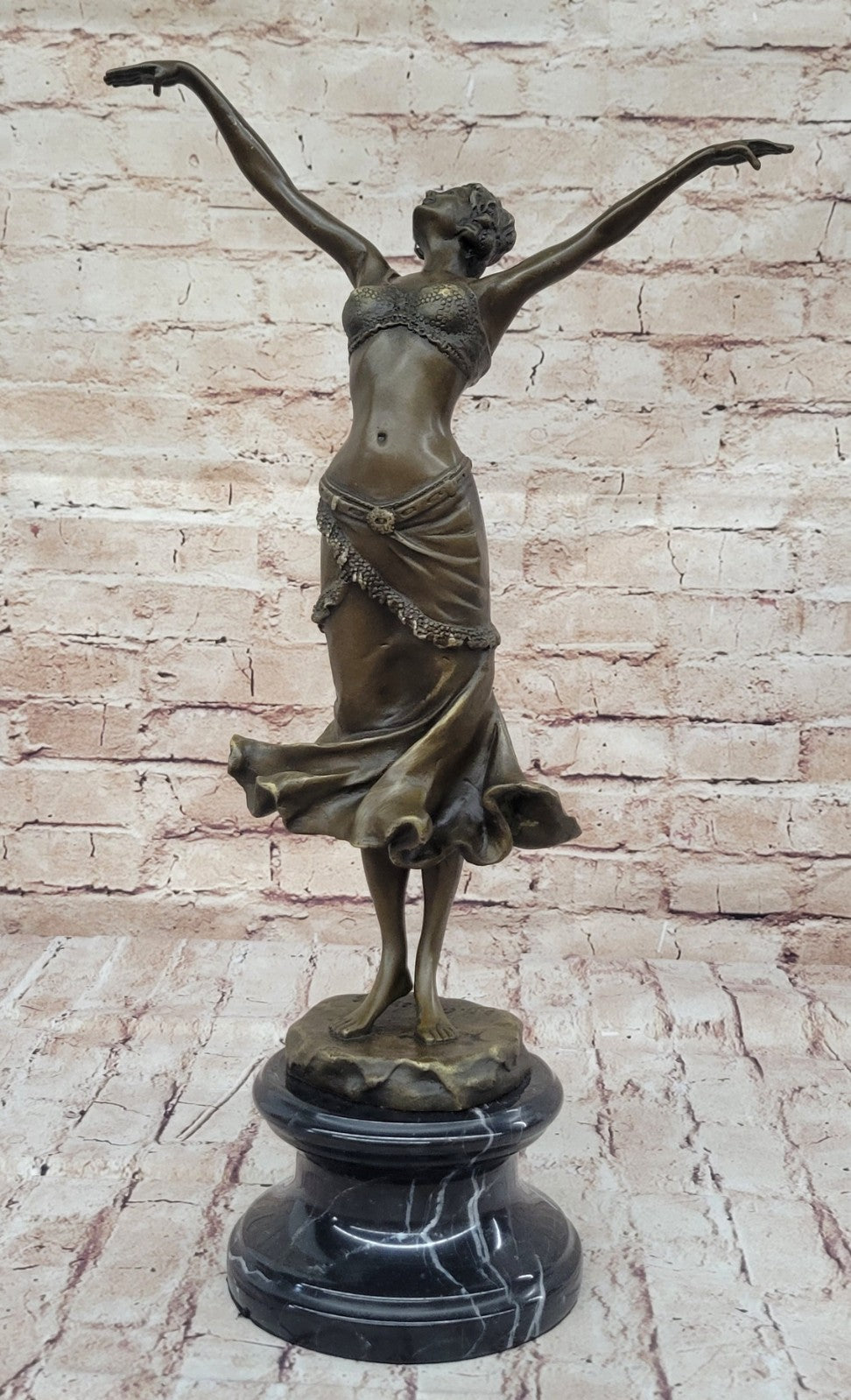 Art Nouveau Free As bird Dancer Bronze Sculpture With Green Marble Base Statue
