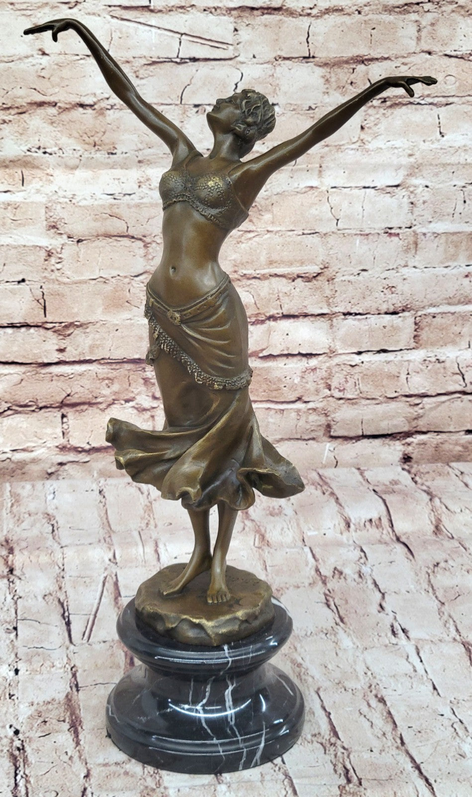 Art Nouveau Free As bird Dancer Bronze Sculpture With Green Marble Base Statue