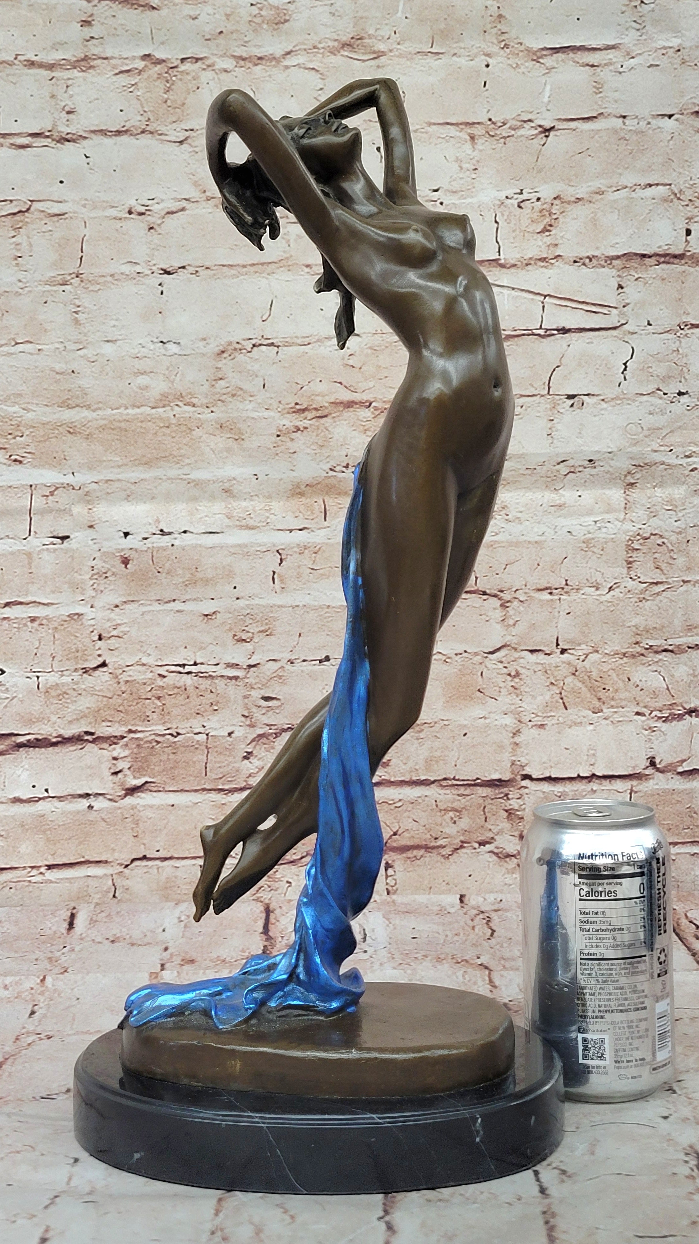 Nude Young Lady Hot Cast Bronze Wine Statue Sculpture Marble Base Home Decor Art