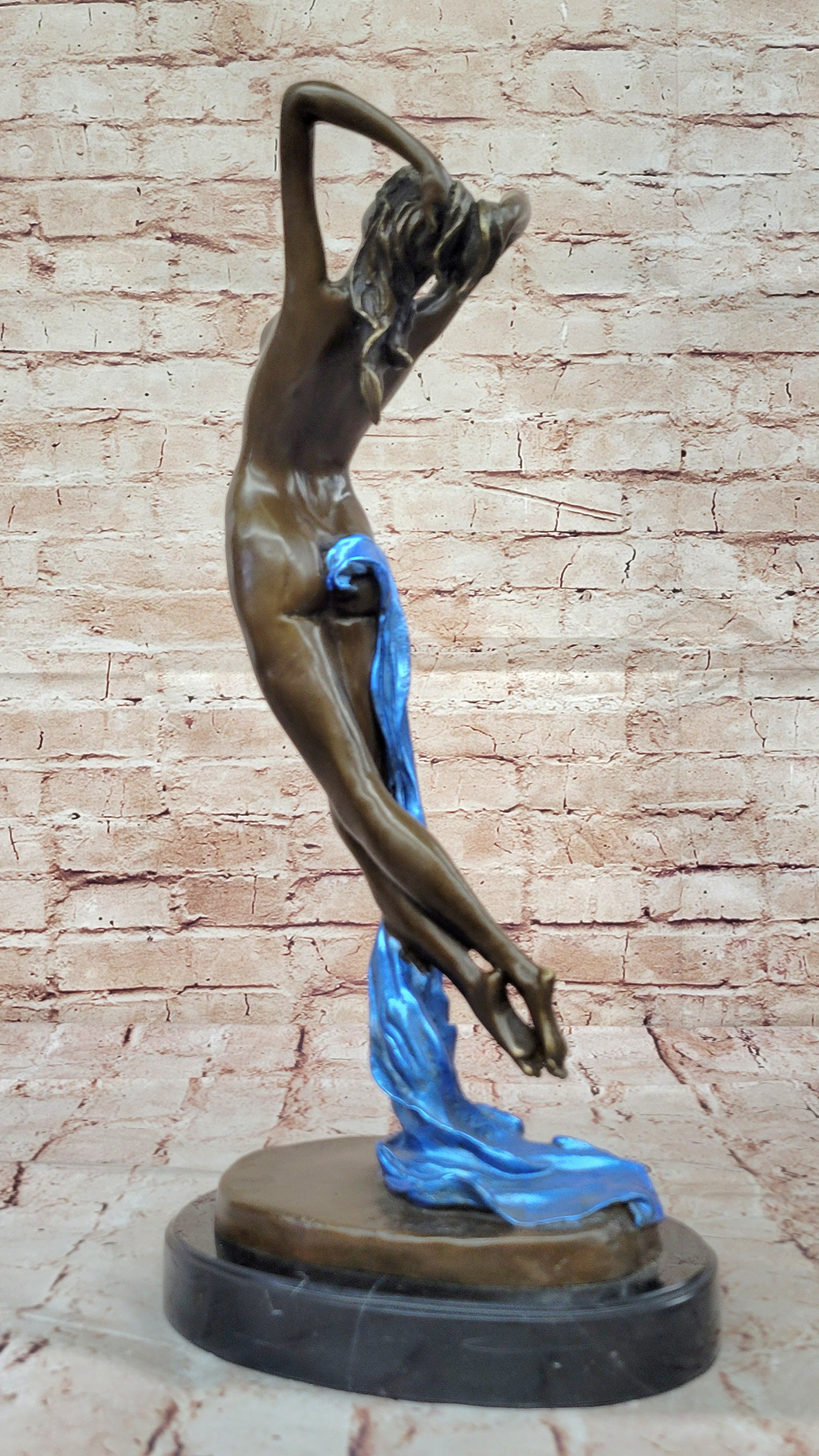 Nude Young Lady Hot Cast Bronze Wine Statue Sculpture Marble Base Home Decor Art