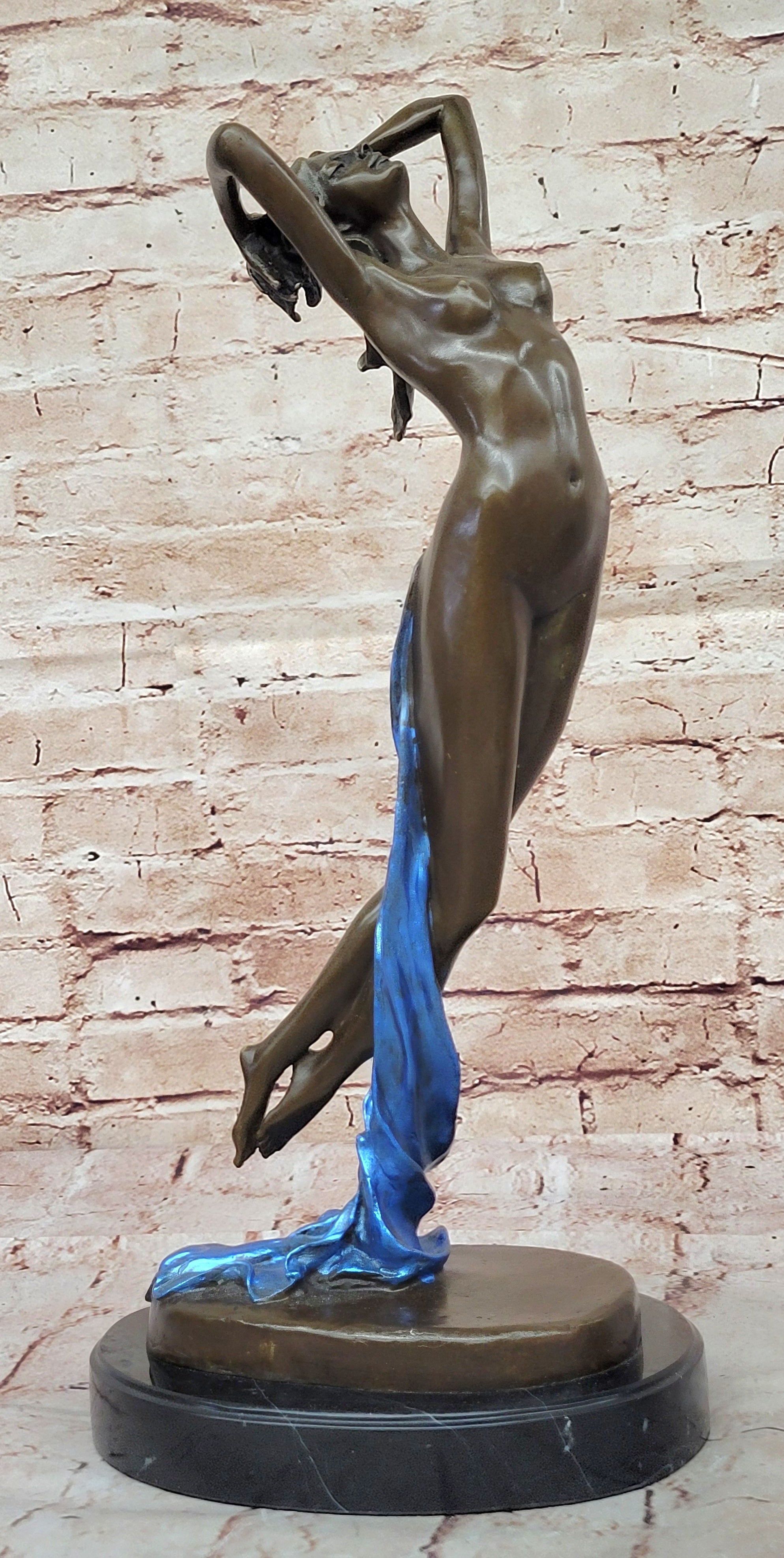 Nude Young Lady Hot Cast Bronze Wine Statue Sculpture Marble Base Home Decor Art