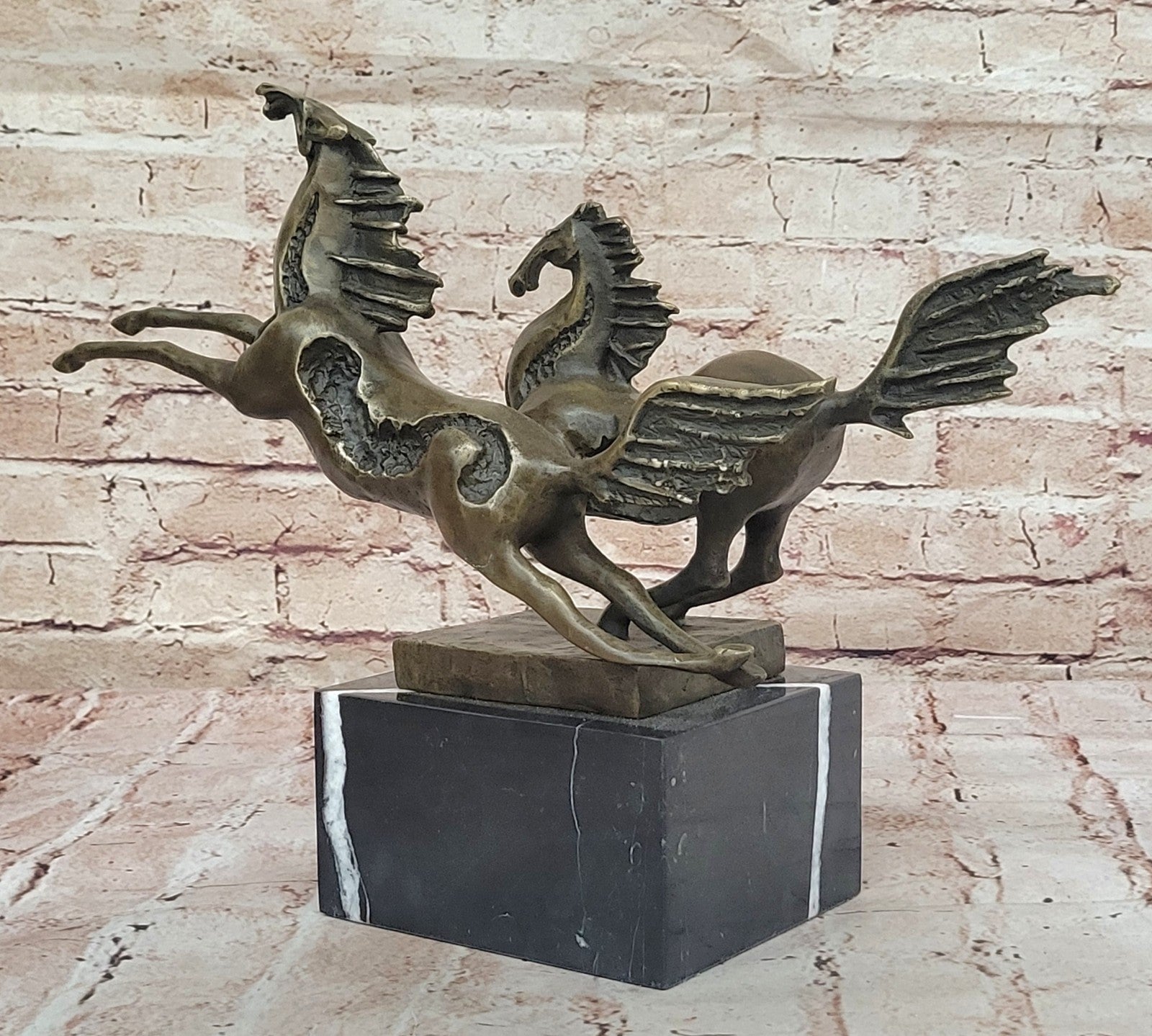 Elegant Equestrian Art Two Horses Running Playing Bronze Marble Statue Sculpture