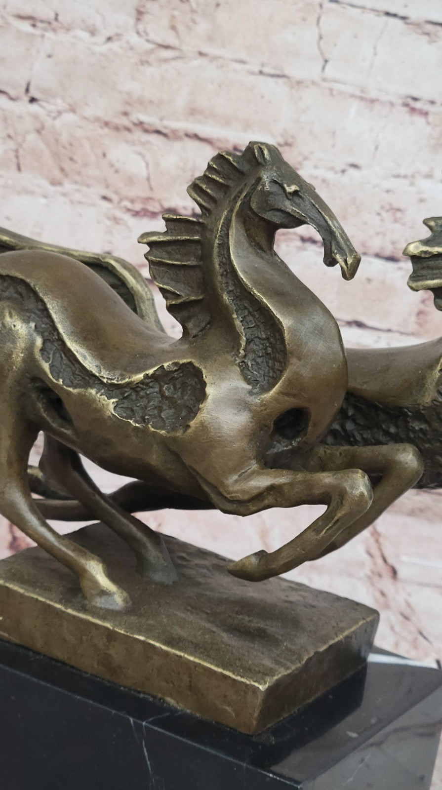 Elegant Equestrian Art Two Horses Running Playing Bronze Marble Statue Sculpture