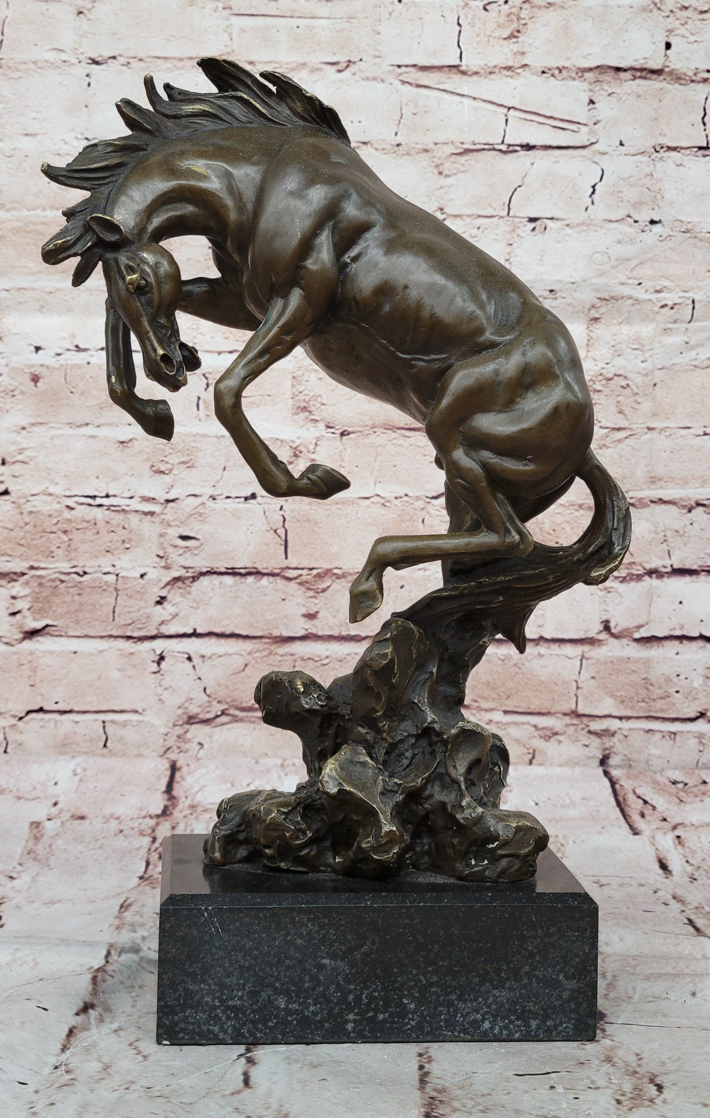 Signed Original Art Deco Rearing Horse Bronze Sculpture Marble Base Statue Decor