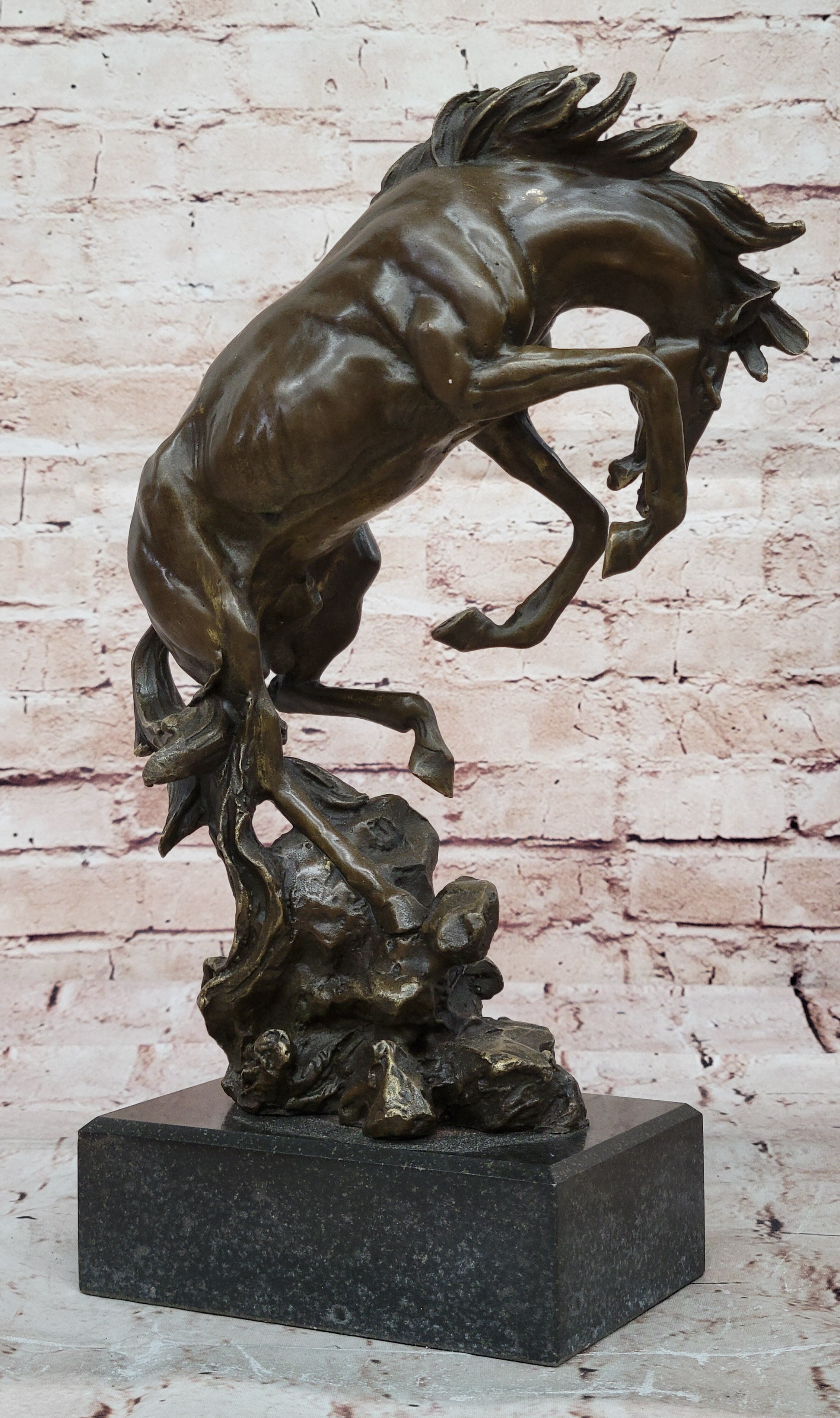 Signed Original Art Deco Rearing Horse Bronze Sculpture Marble Base Statue Decor