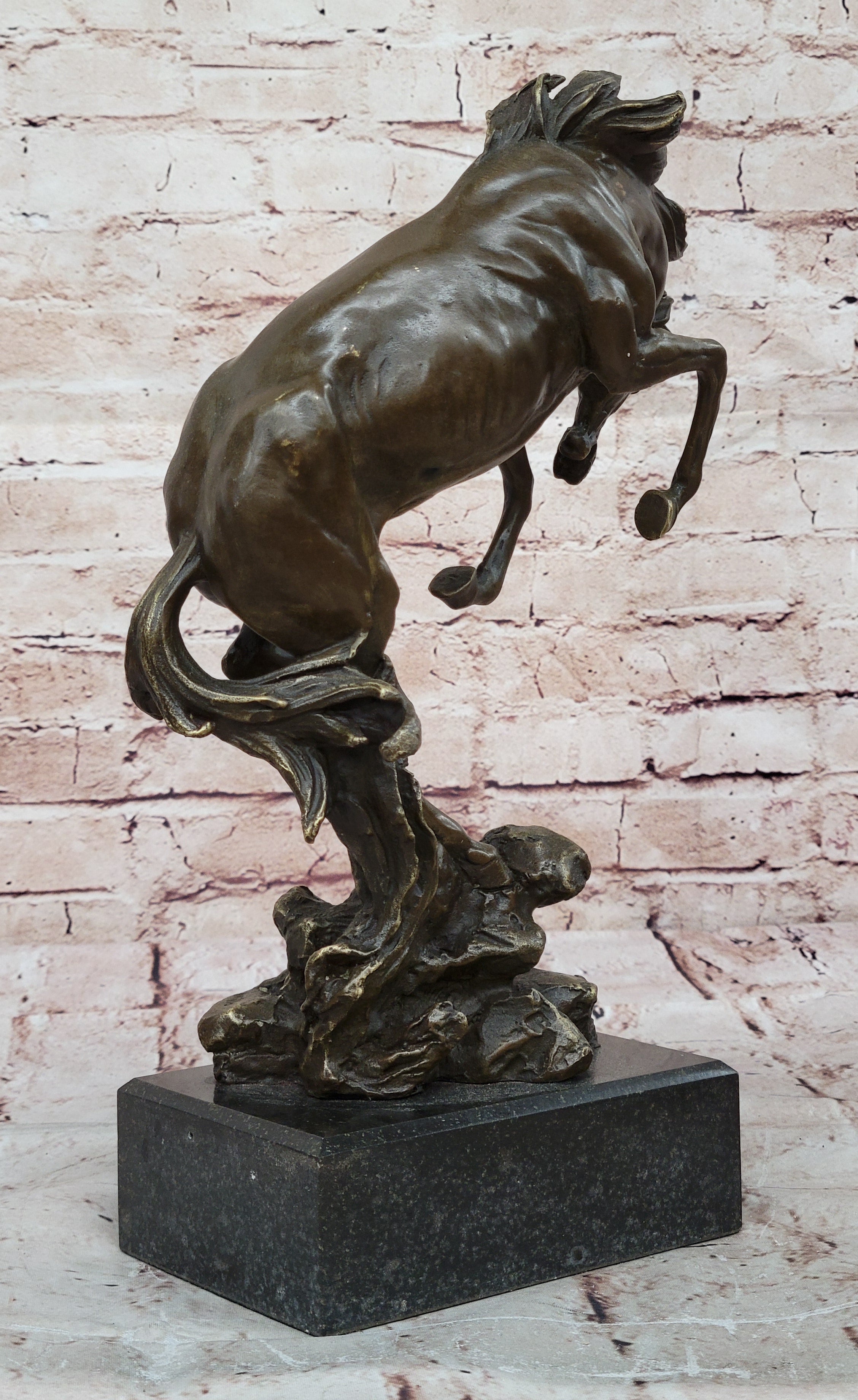 Signed Original Art Deco Rearing Horse Bronze Sculpture Marble Base Statue Decor