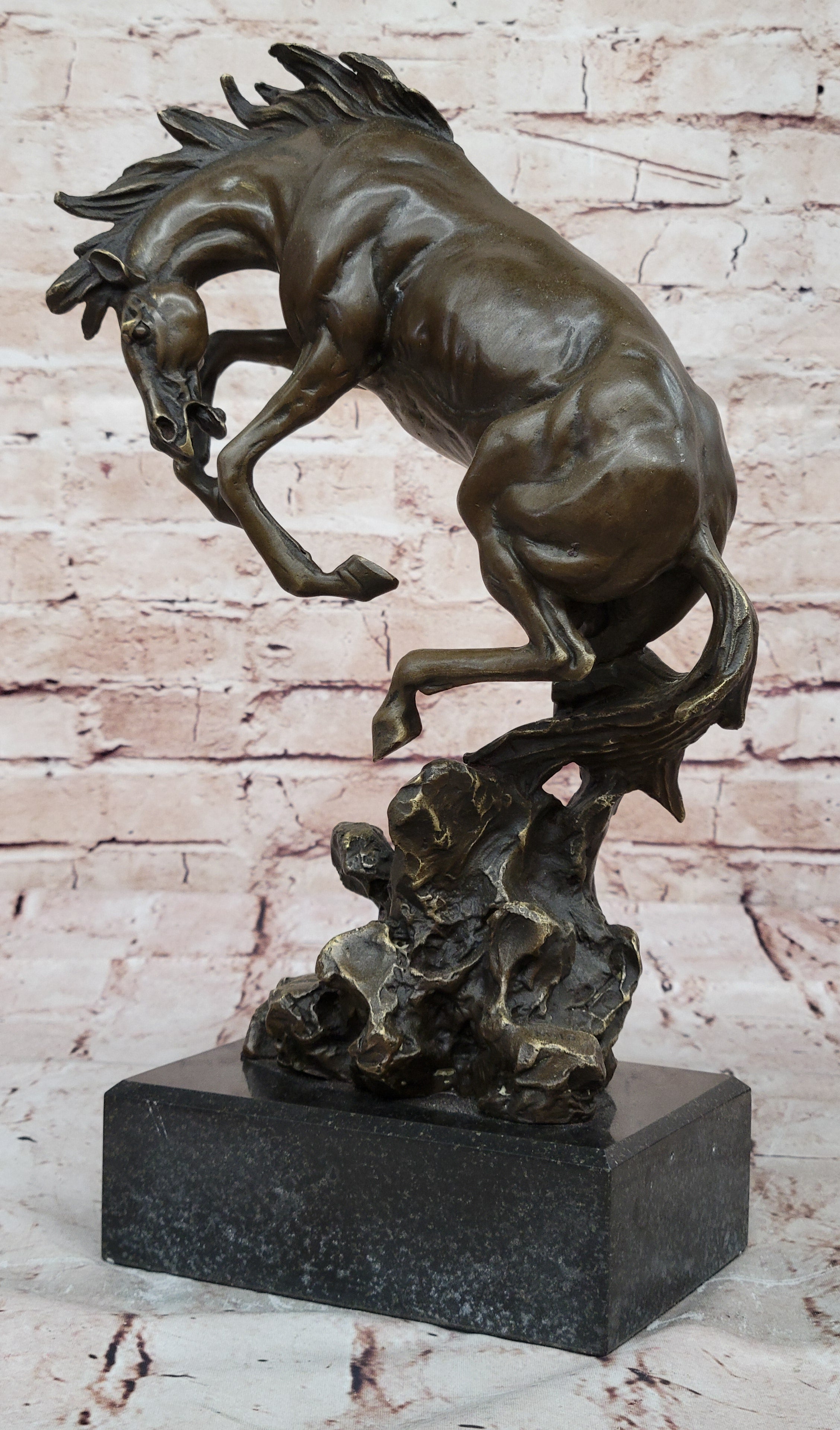 Signed Original Art Deco Rearing Horse Bronze Sculpture Marble Base Statue Decor
