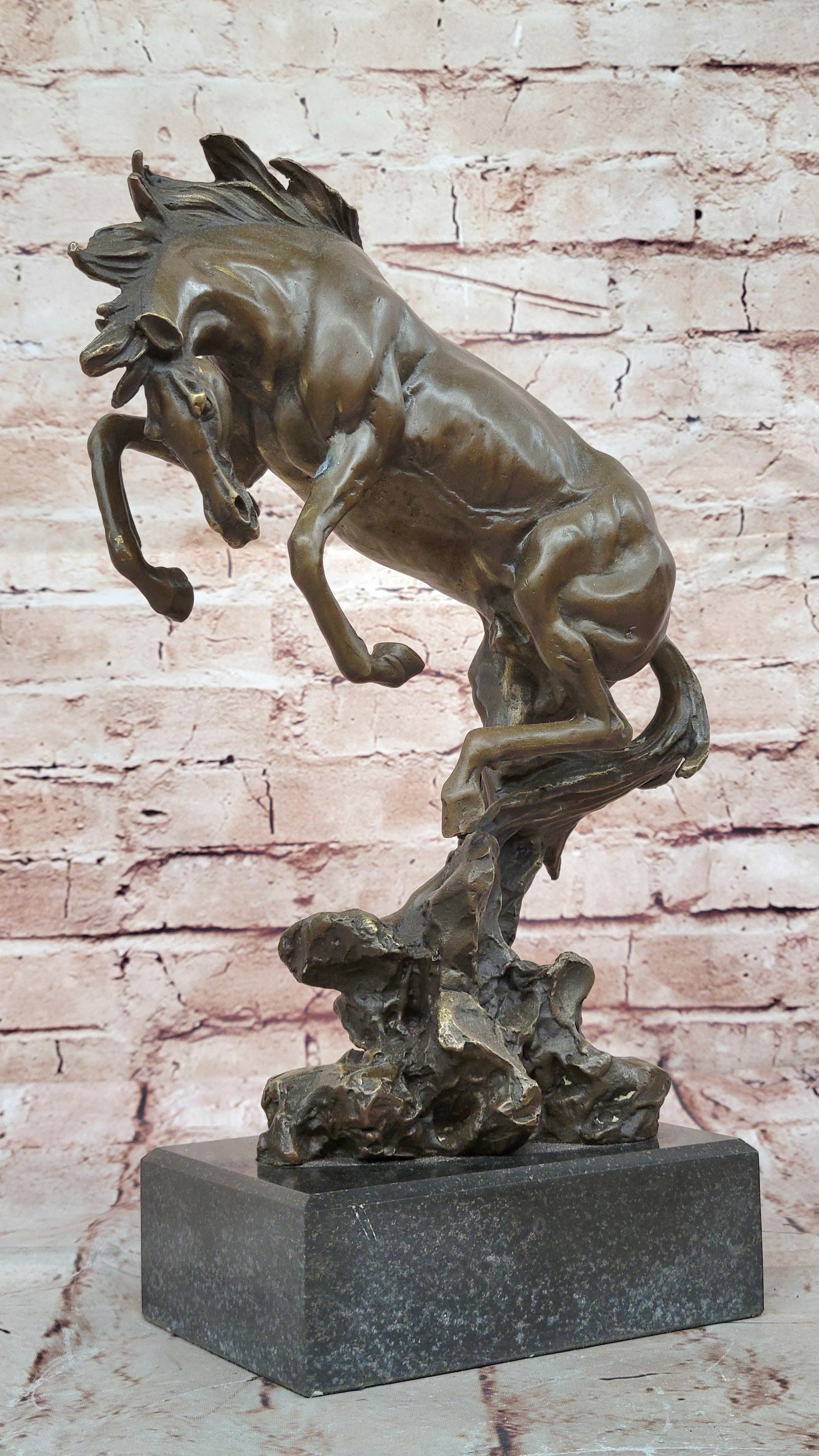 Signed Original Art Deco Rearing Horse Bronze Sculpture Marble Base Statue Decor