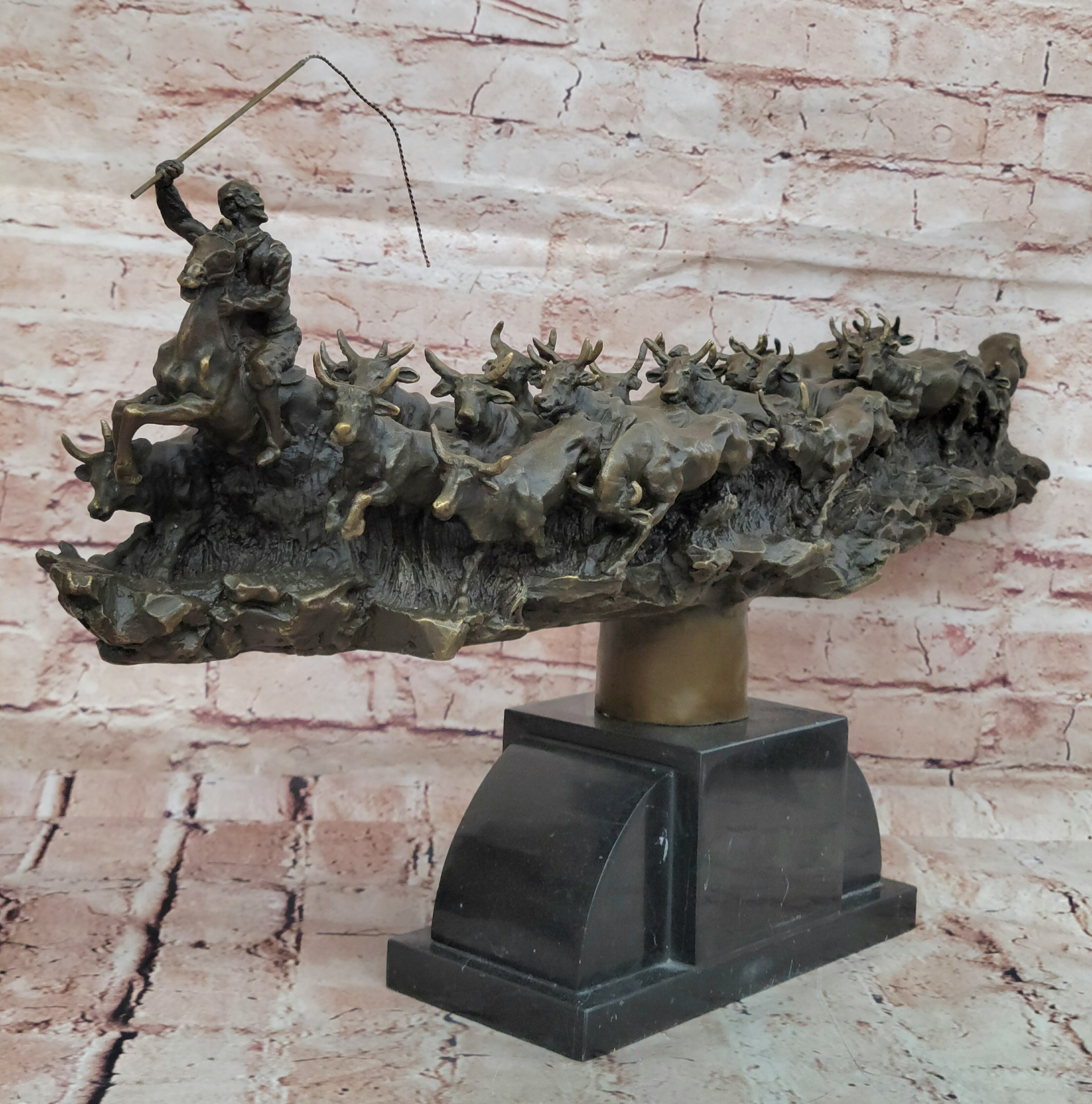 Russell Handcrafted Huge Museum Quality Wild West Cowboy and his Cattle Bronze