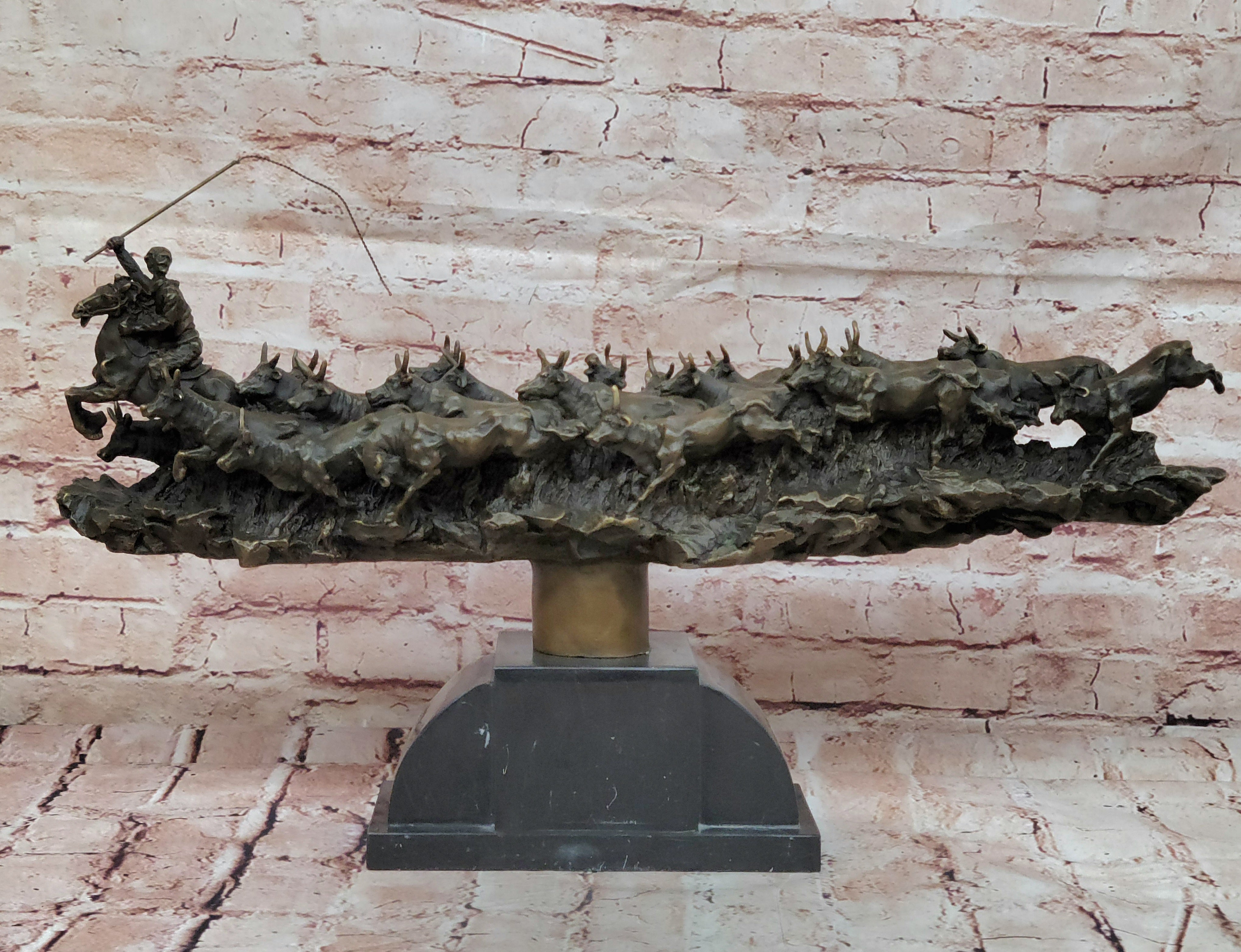 Russell Handcrafted Huge Museum Quality Wild West Cowboy and his Cattle Bronze