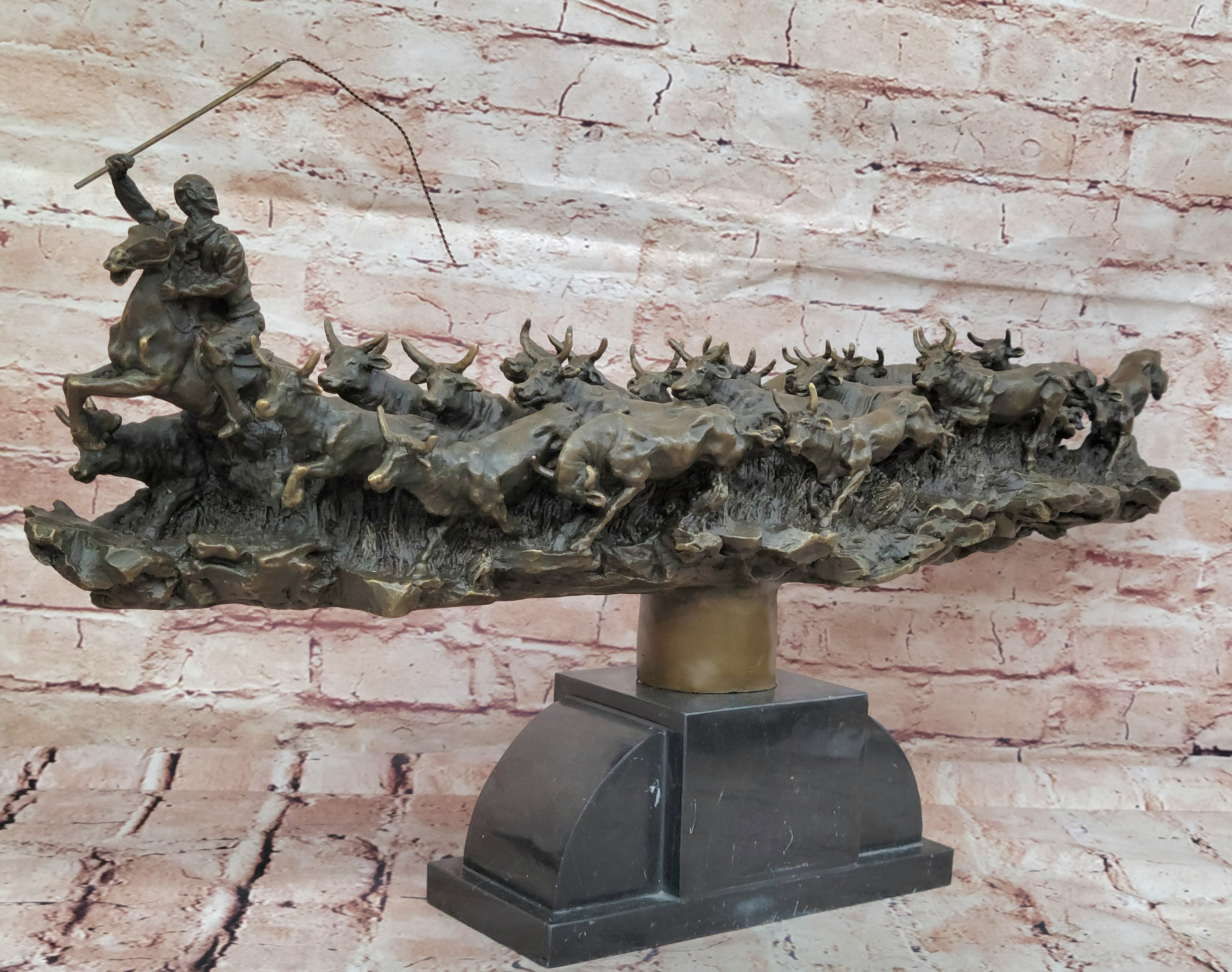 Russell Handcrafted Huge Museum Quality Wild West Cowboy and his Cattle Bronze