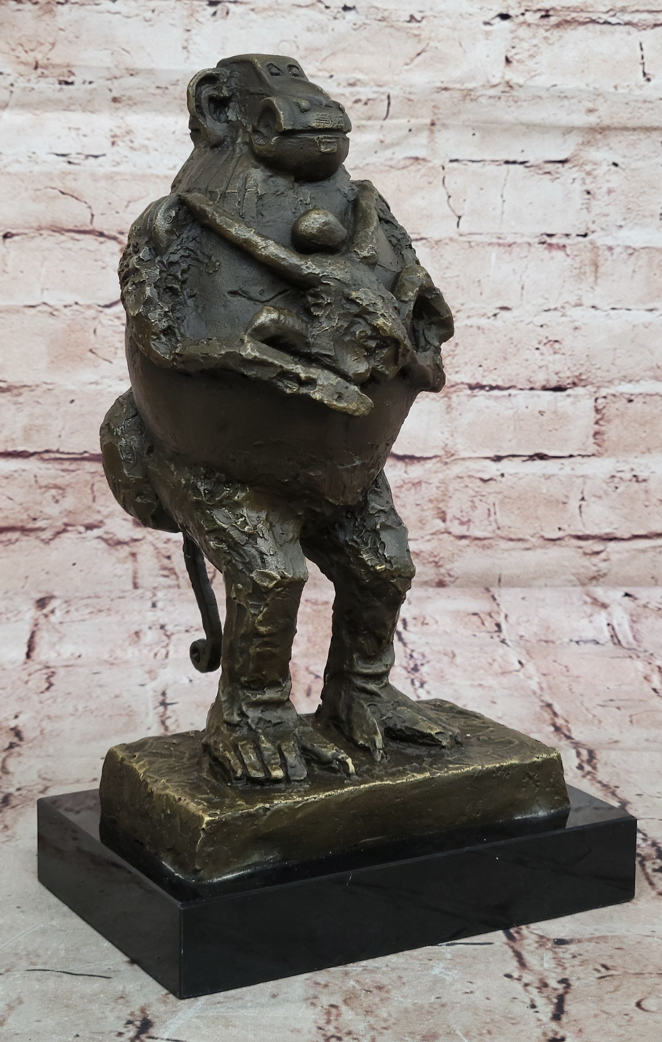Art Deco “Baboon with Child” Abstract Bronze Sculpture – Wildlife Statue Inspired by Picasso