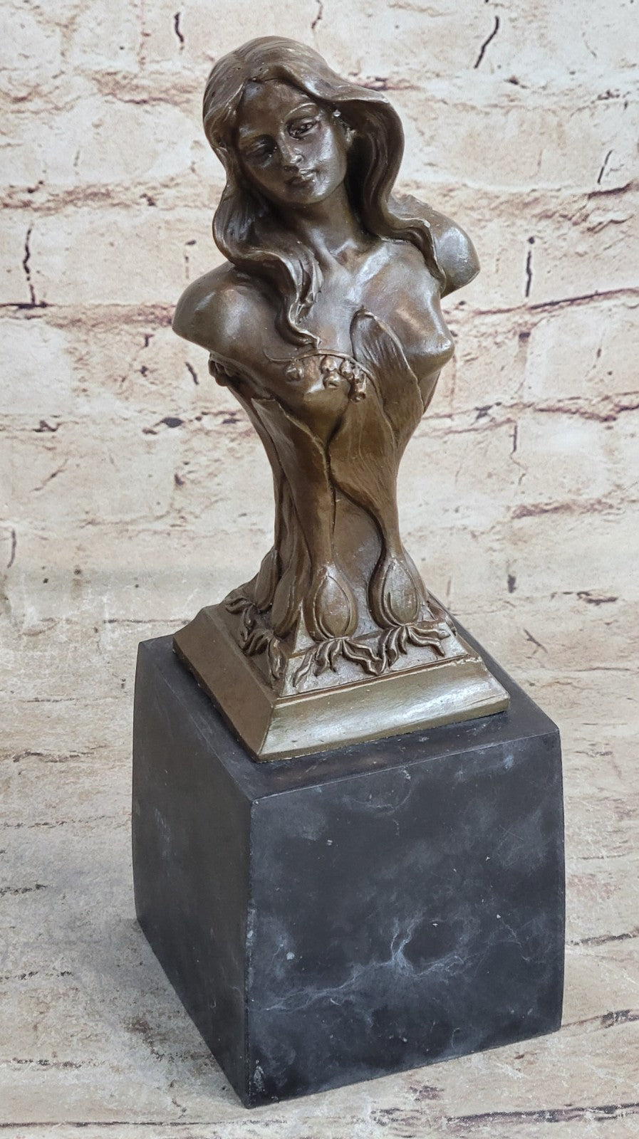 Elegant Female Portrait Bust Classic Beauty Bronze Marble Statue Partner Deco