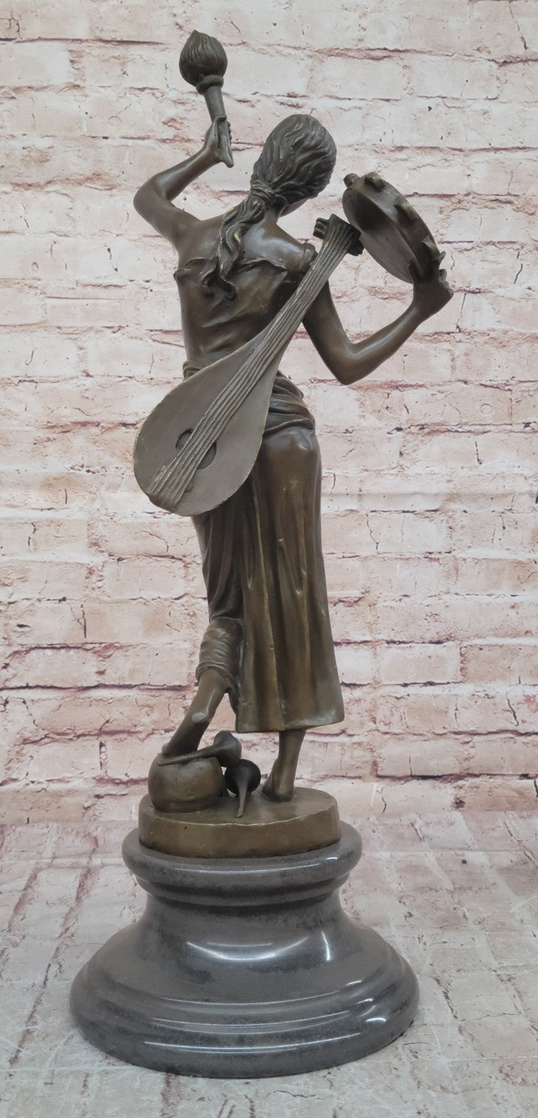 Indoor/Outdoor Bronze Statue: Vintage Brass Casting of a Young Girl with Tambourine by Milo