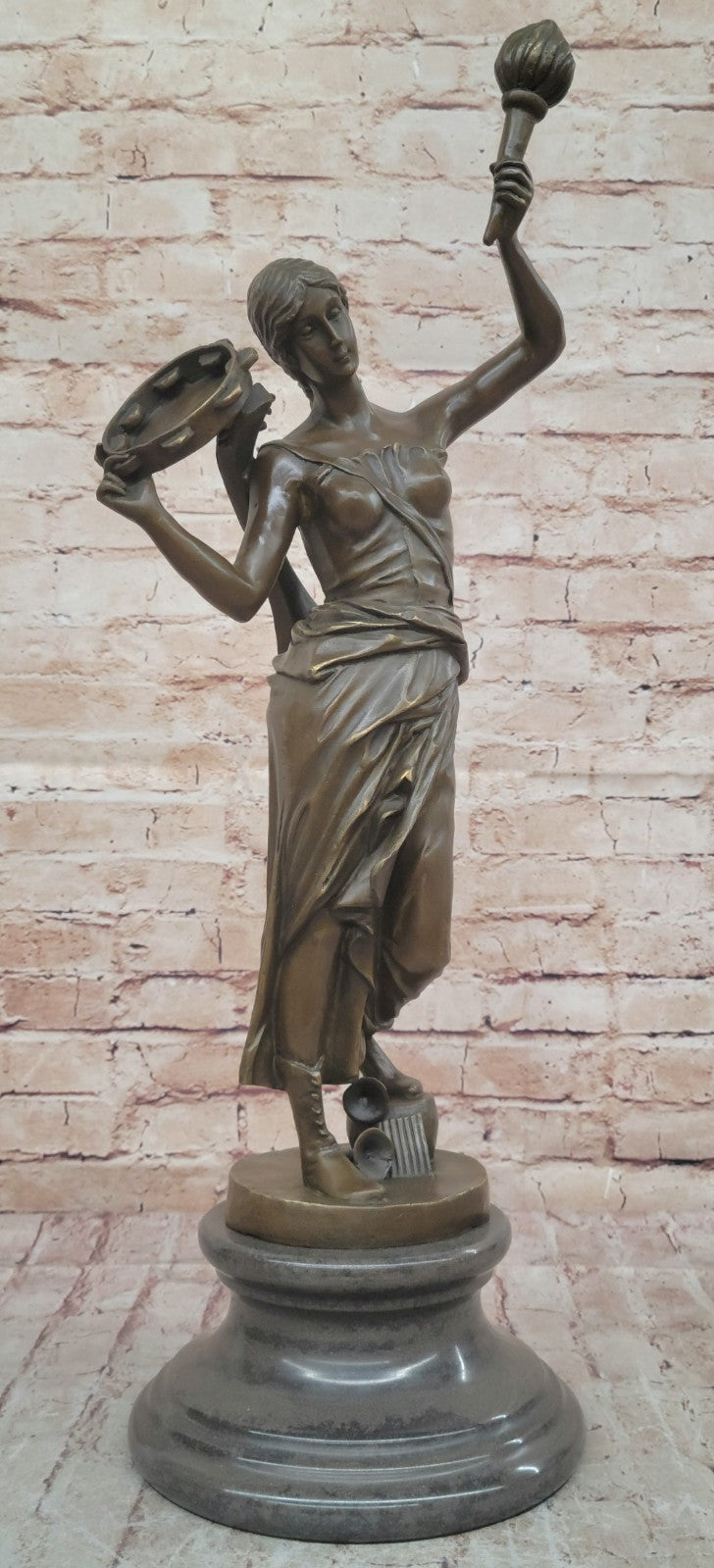 Indoor/Outdoor Bronze Statue: Vintage Brass Casting of a Young Girl with Tambourine by Milo