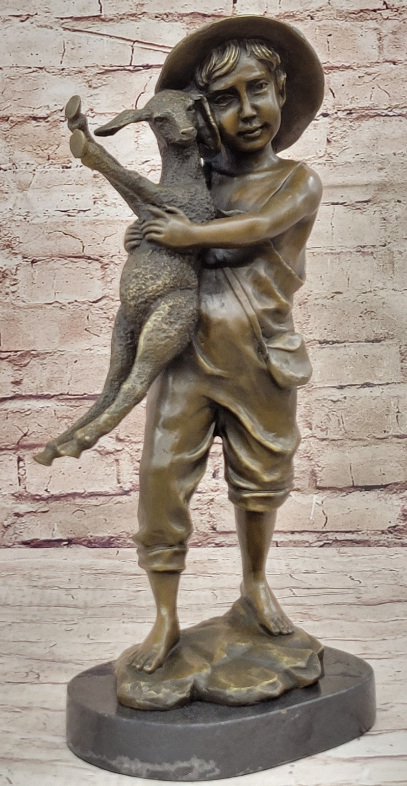 HEAVY BRONZE SHEPHERD BOY SHEEP AND LAMB STATUE SCULPTURE LOST WAX METHOD FIGURINE