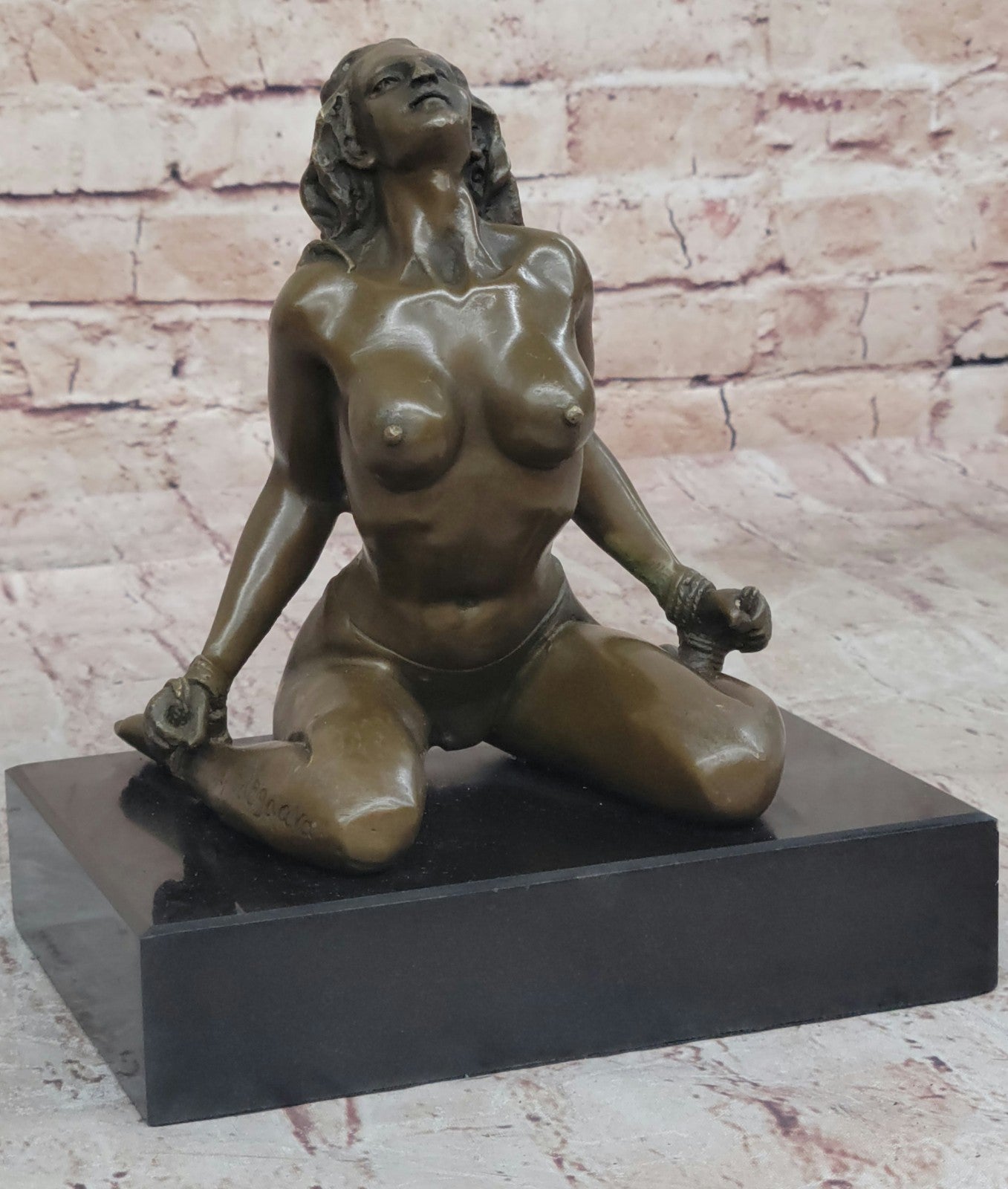 Erotic Bronze Sculpture of Tied Up Woman, Signed Artwork for Home Office or Dorm Deco