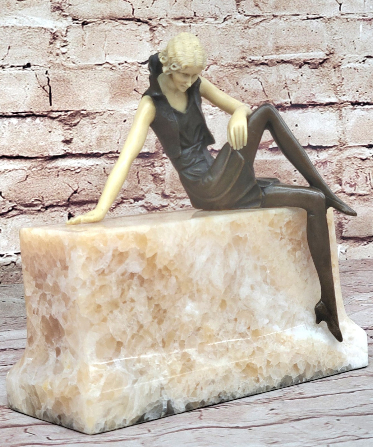 Art Nouveau Sexy Female Bronze & Faux Bone Sculpture on White Marble Base Figure