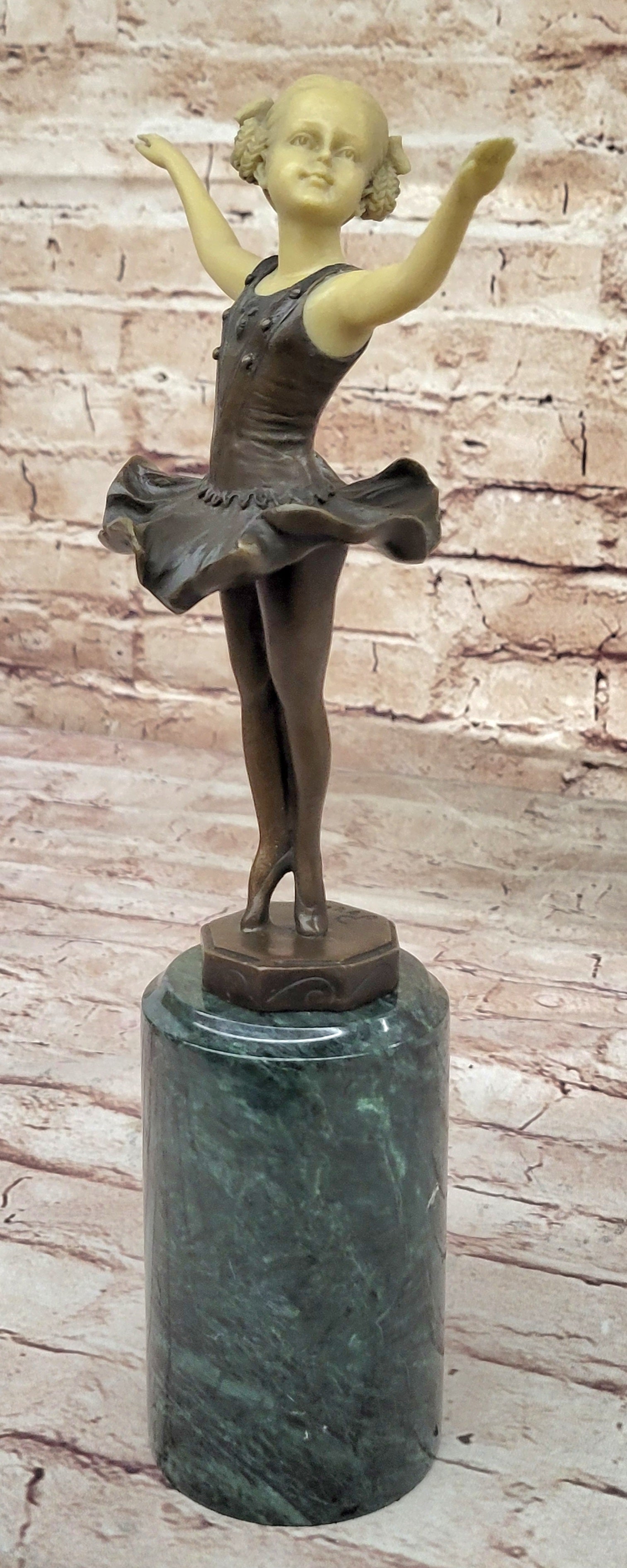 Signed Preiss Young Girl Ballerina Bronze Green Marble Sculpture Figurine Figure