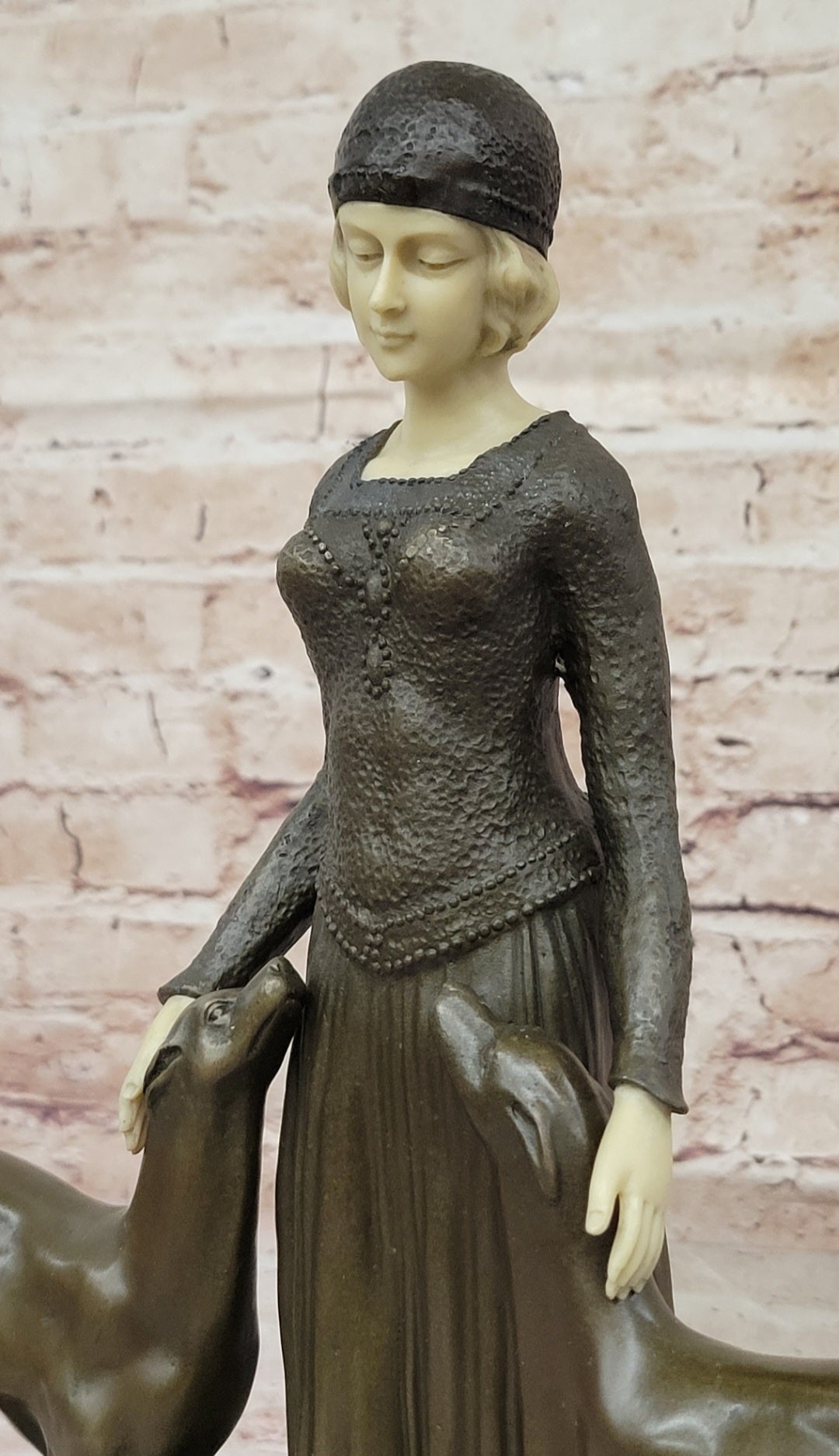 Handcrafted Bronze Art Deco Friends Forever Lady with Dogs Statue Chiparus