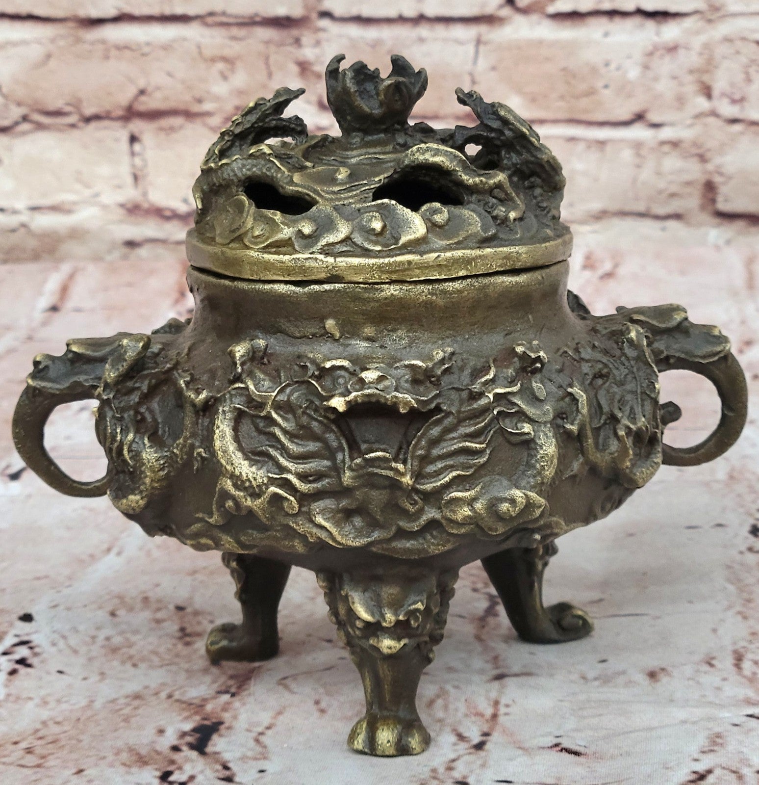 Handcrafted bronze sculpture SALE Incense Dragon Gilded Favorites Folk China