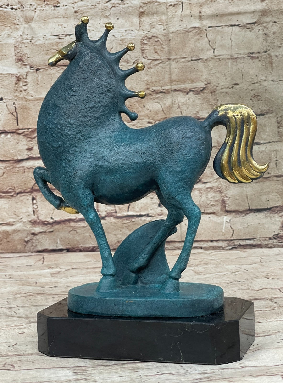 28 cm RARE Abstract FENGSHUI marble base Bronze "horse Trotting" Sculpture