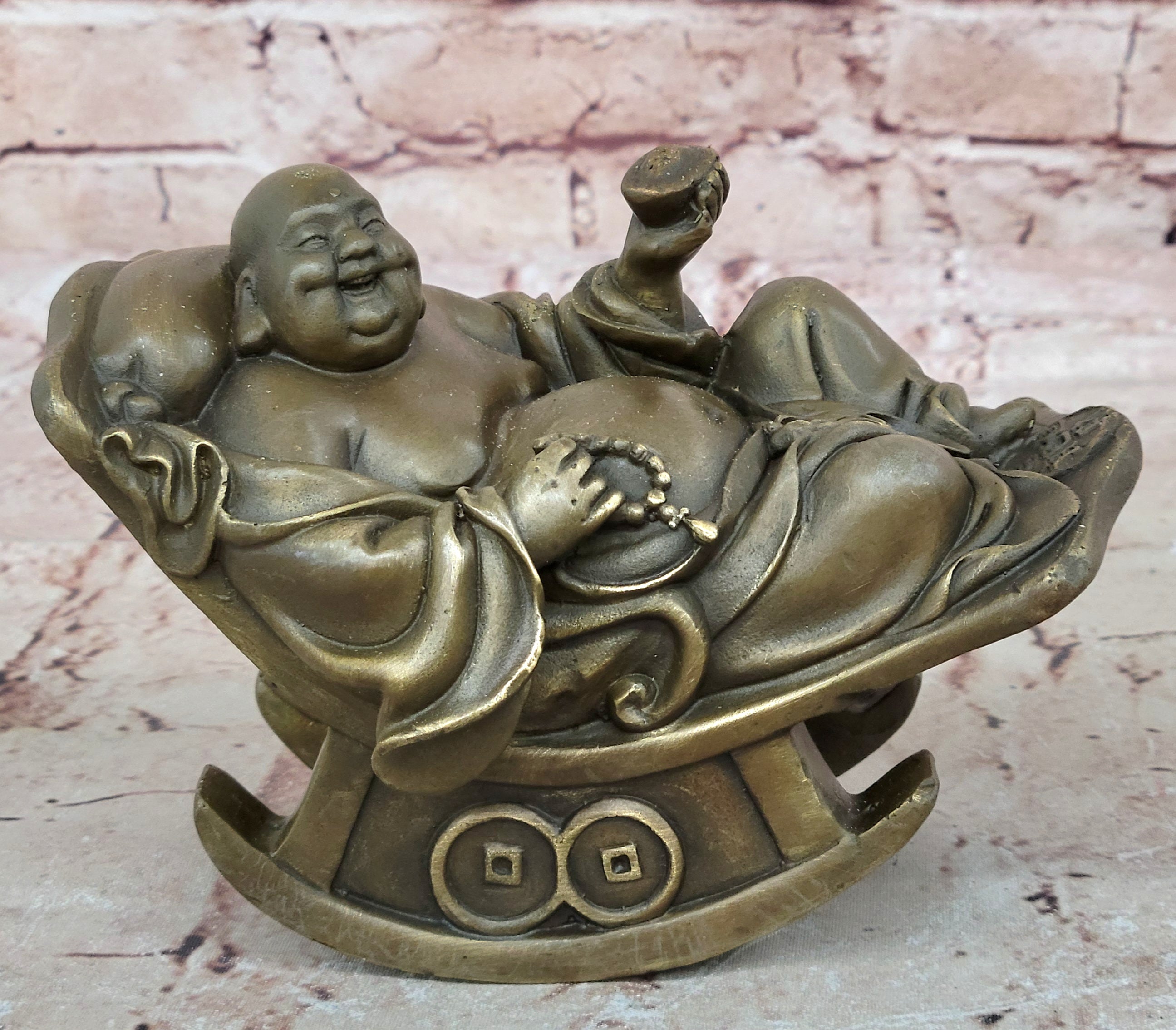Laughing Fat Buddha Bronze Sculpture: Handmade Joyous Vintage Artwork Sale