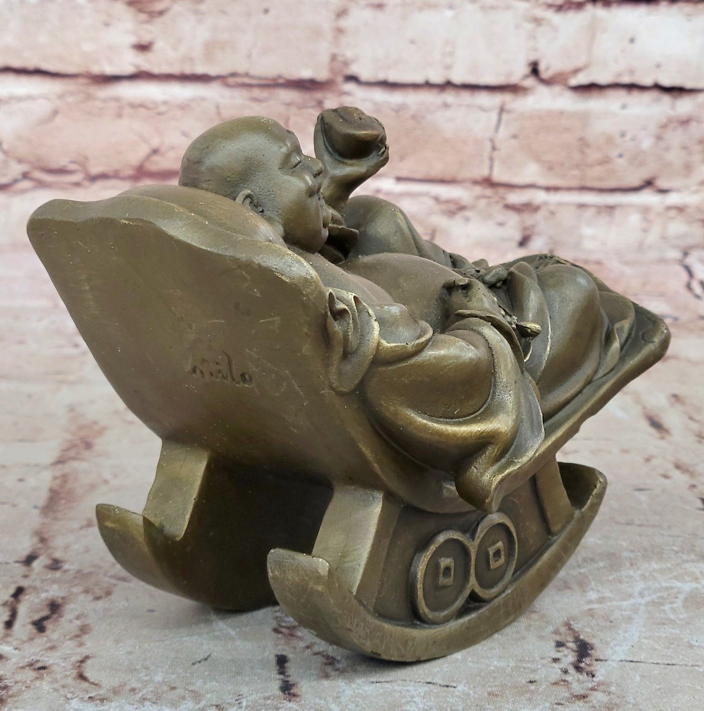 Laughing Fat Buddha Bronze Sculpture: Handmade Joyous Vintage Artwork Sale