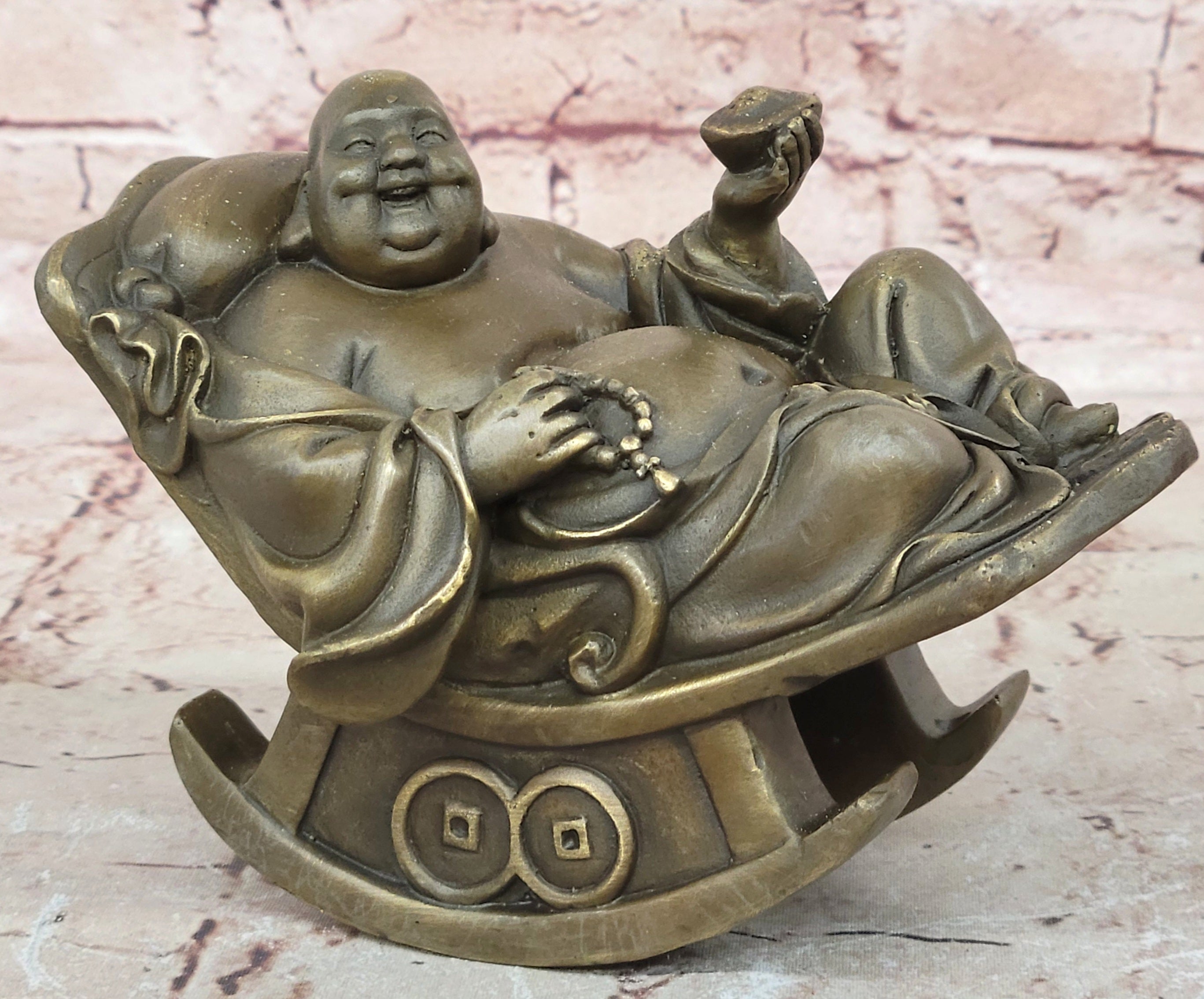 Laughing Fat Buddha Bronze Sculpture: Handmade Joyous Vintage Artwork Sale