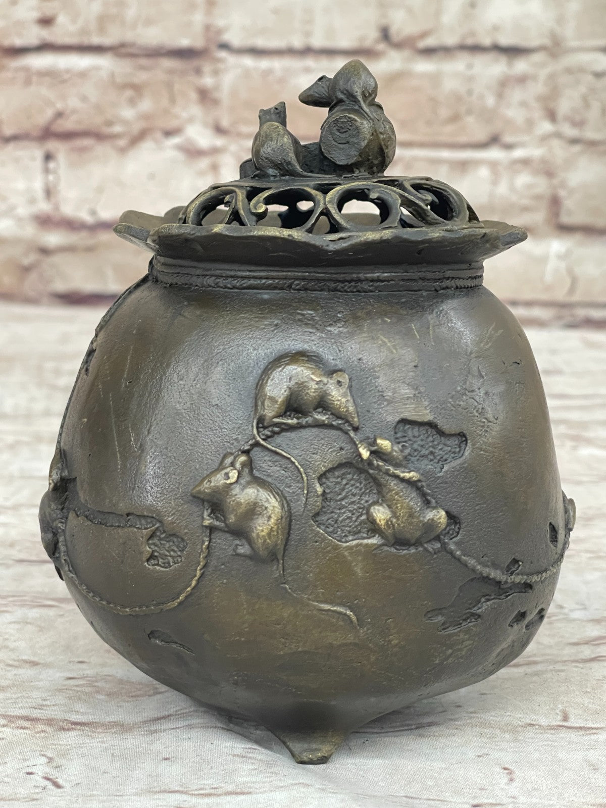 Milo Signed Bronze Rat Incense Burner Censor Sculpture Wealth Prosperity Luck