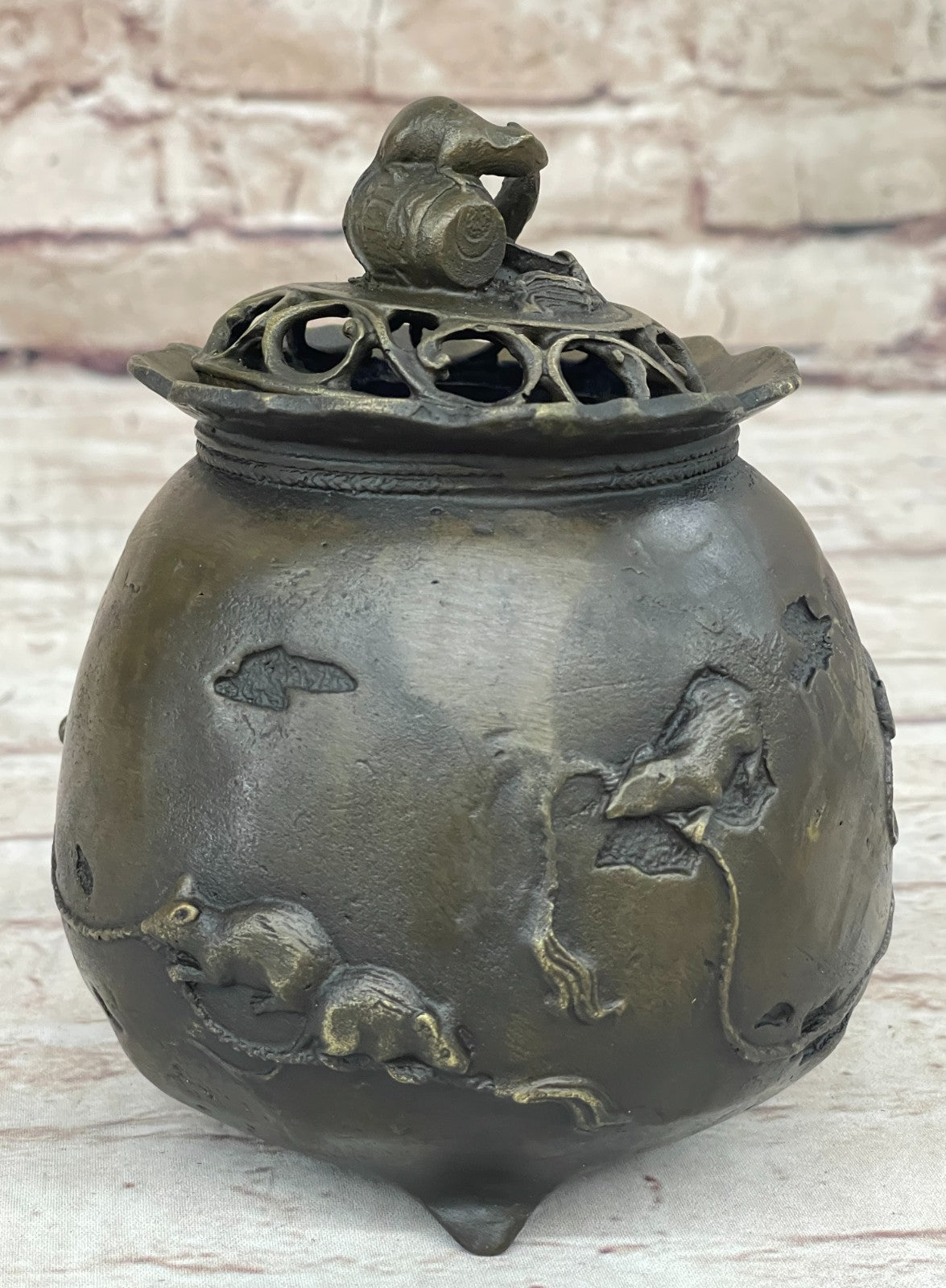 Milo Signed Bronze Rat Incense Burner Censor Sculpture Wealth Prosperity Luck