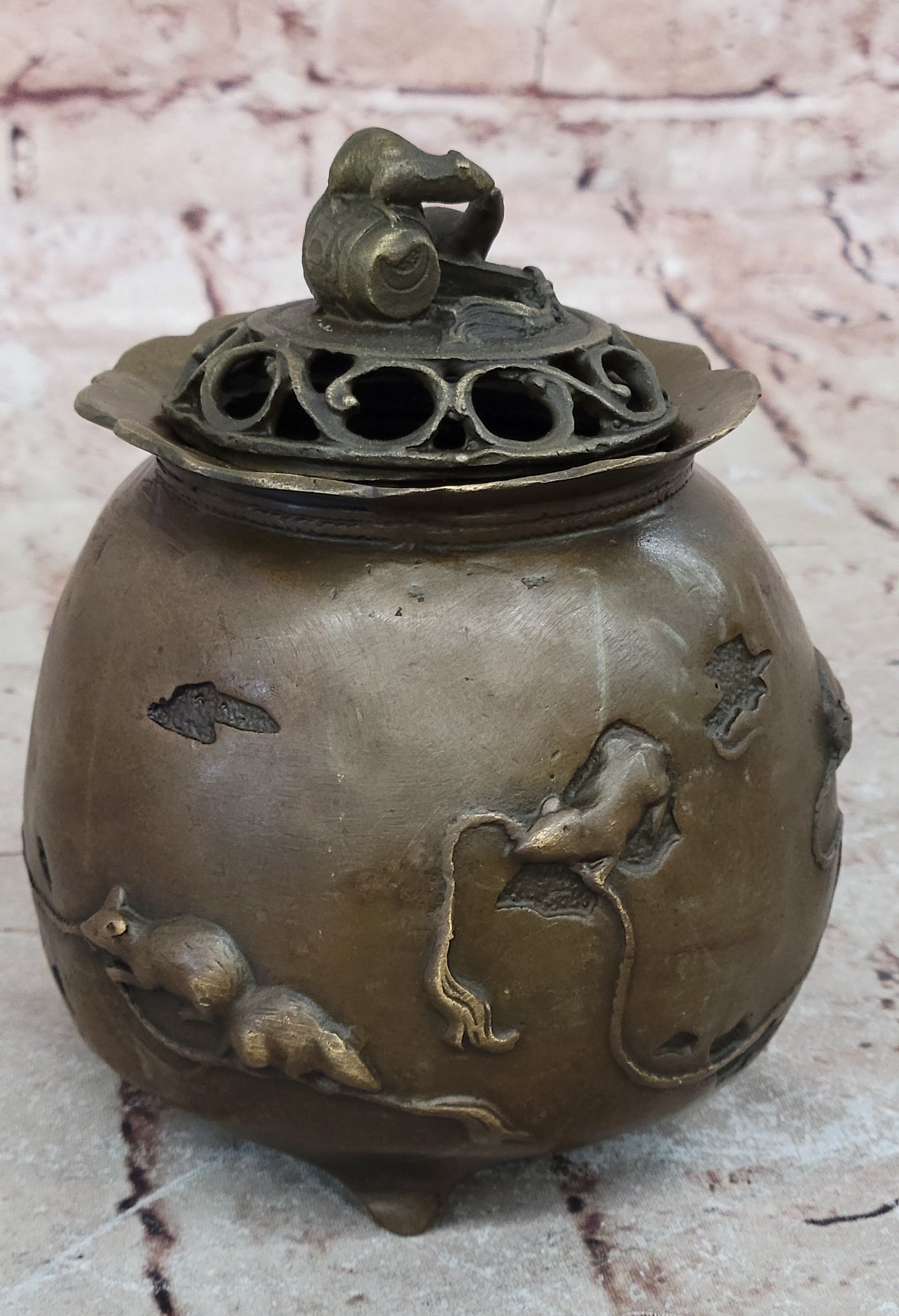 Milo Signed Bronze Rat Incense Burner Censor Sculpture Wealth Prosperity Luck