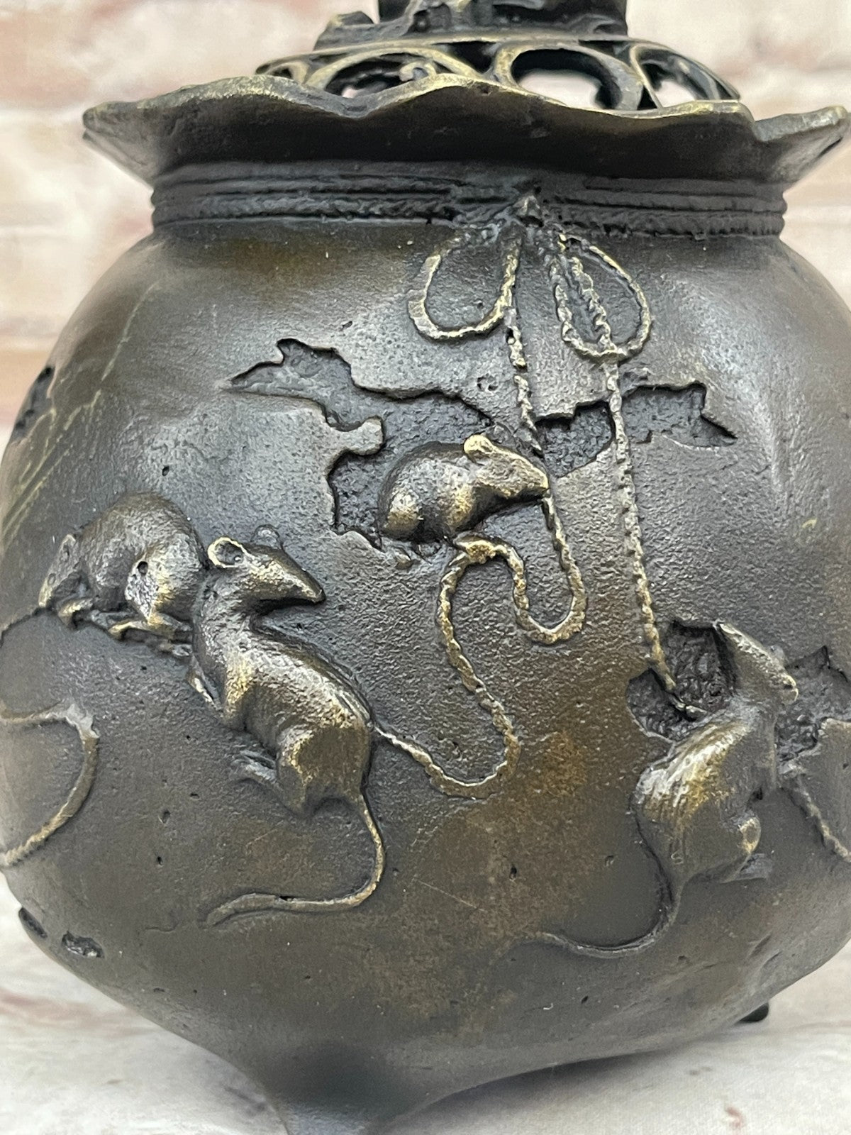 Milo Signed Bronze Rat Incense Burner Censor Sculpture Wealth Prosperity Luck