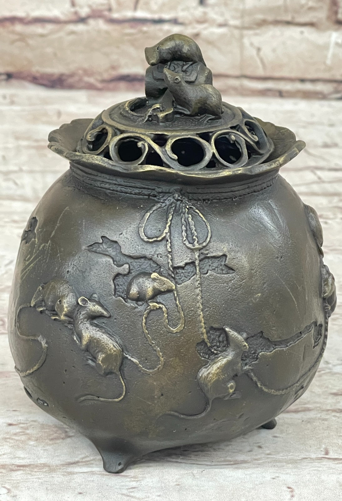 Milo Signed Bronze Rat Incense Burner Censor Sculpture Wealth Prosperity Luck