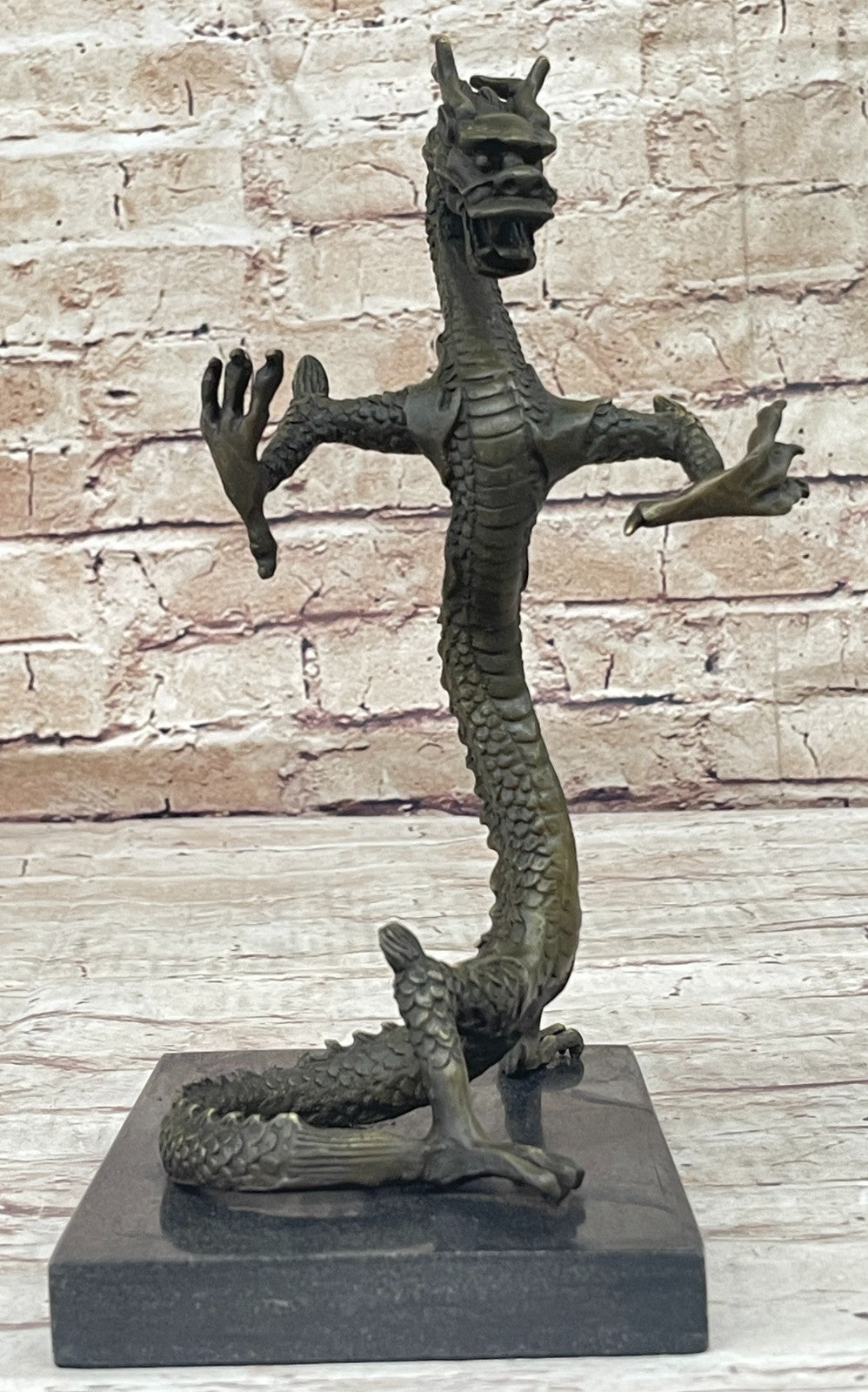 Home Garden Decor Mythical Dragon Bronze Ornament Marble Base Figurine