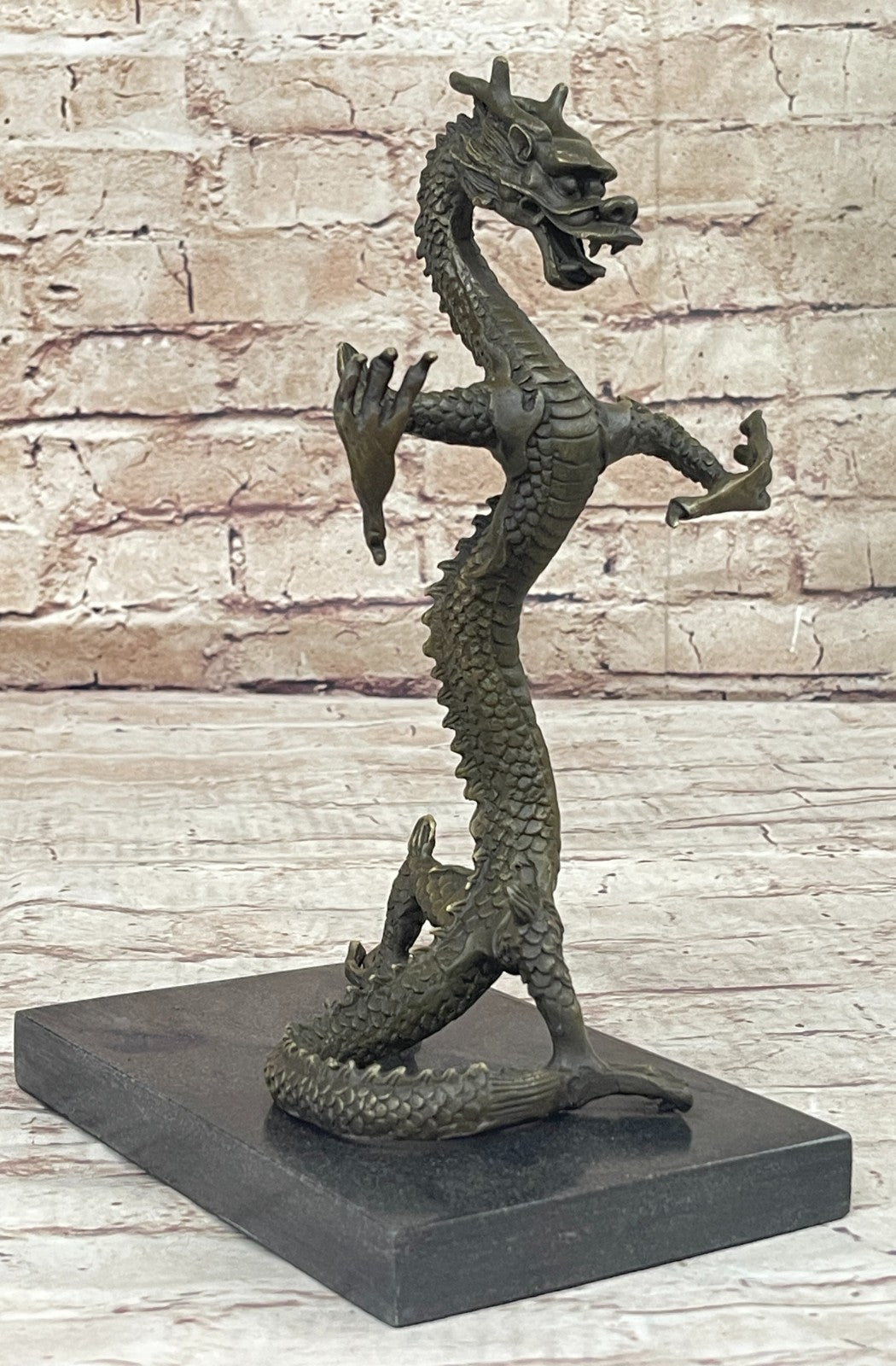 Home Garden Decor Mythical Dragon Bronze Ornament Marble Base Figurine