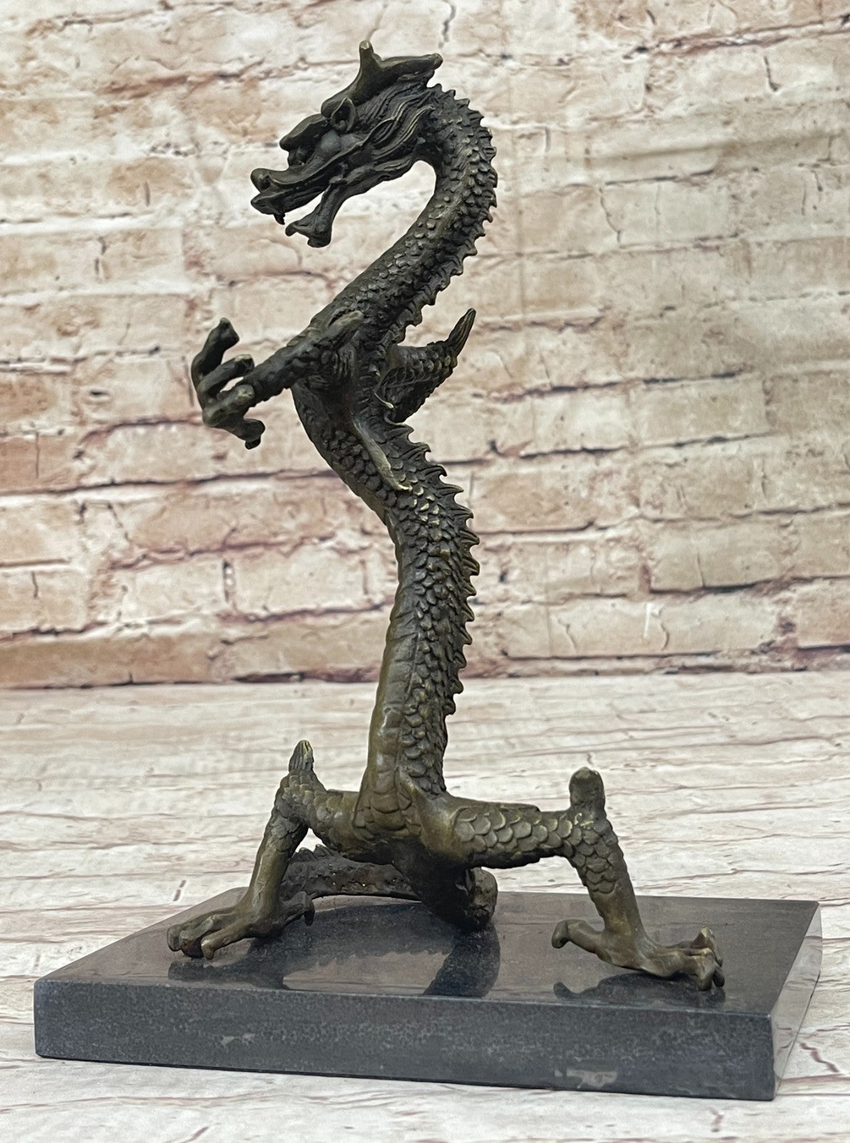 Home Garden Decor Mythical Dragon Bronze Ornament Marble Base Figurine