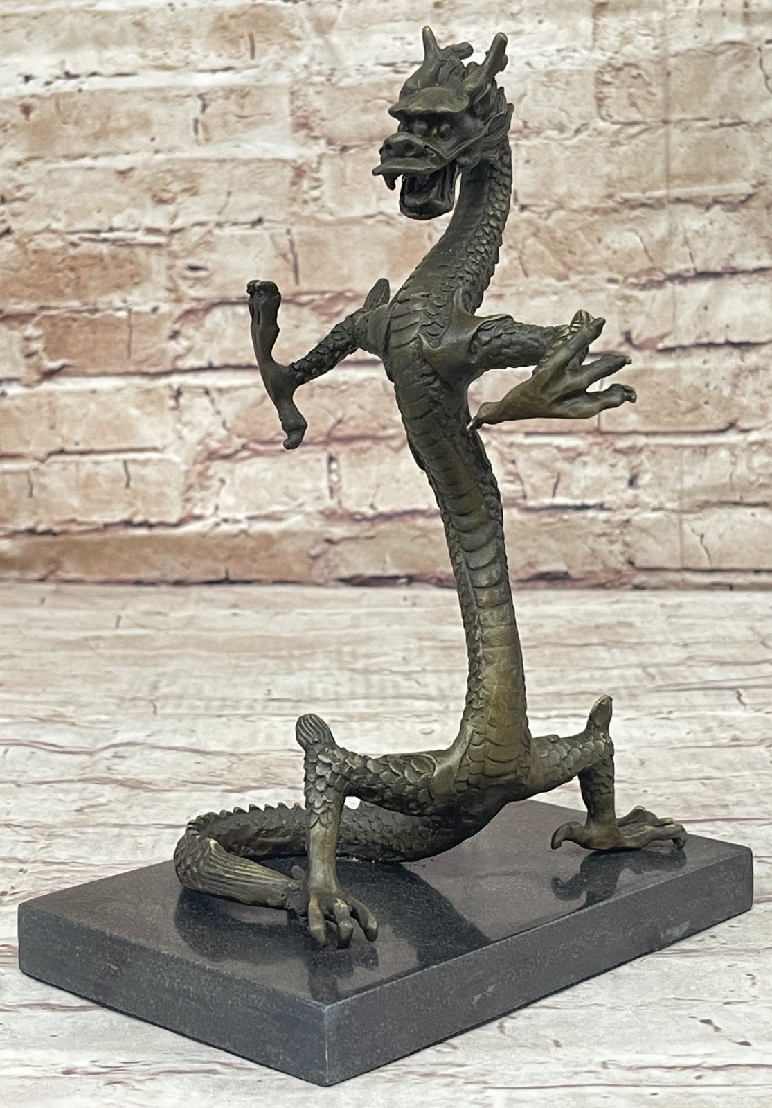 Home Garden Decor Mythical Dragon Bronze Ornament Marble Base Figurine